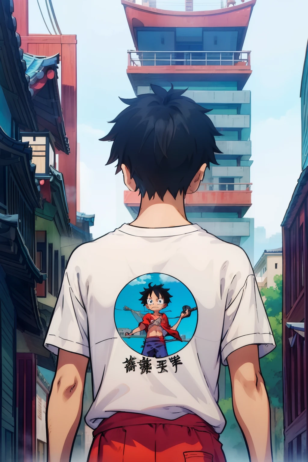 1man, minimalism, monkey d luffy, wano, Eiichirō Oda, simple, wearing tshirt, white tshirt, city from background, (from behind, showing his back)