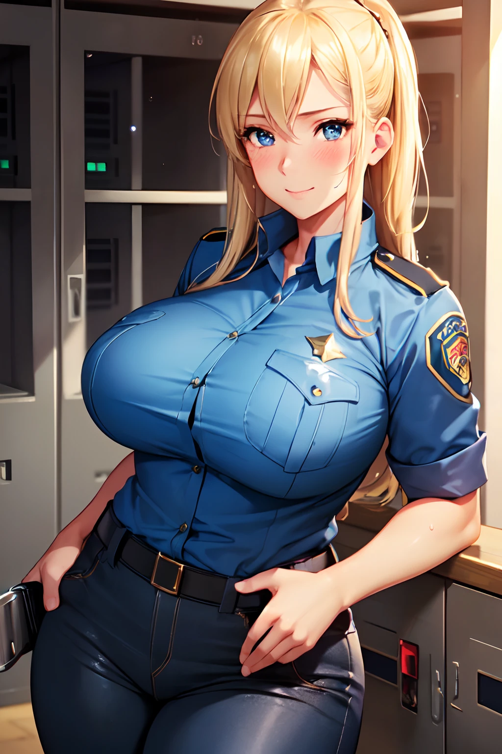 (High quality, High resolution, Fine details, Realistic), Locker room, Women police officers' clothing, long pants, solo, Curvy women, Blonde hair, sparkling eyes, (Detailed eyes), smile, blush, Large breasts, Sweat, Oily skin, Shallow depth of field