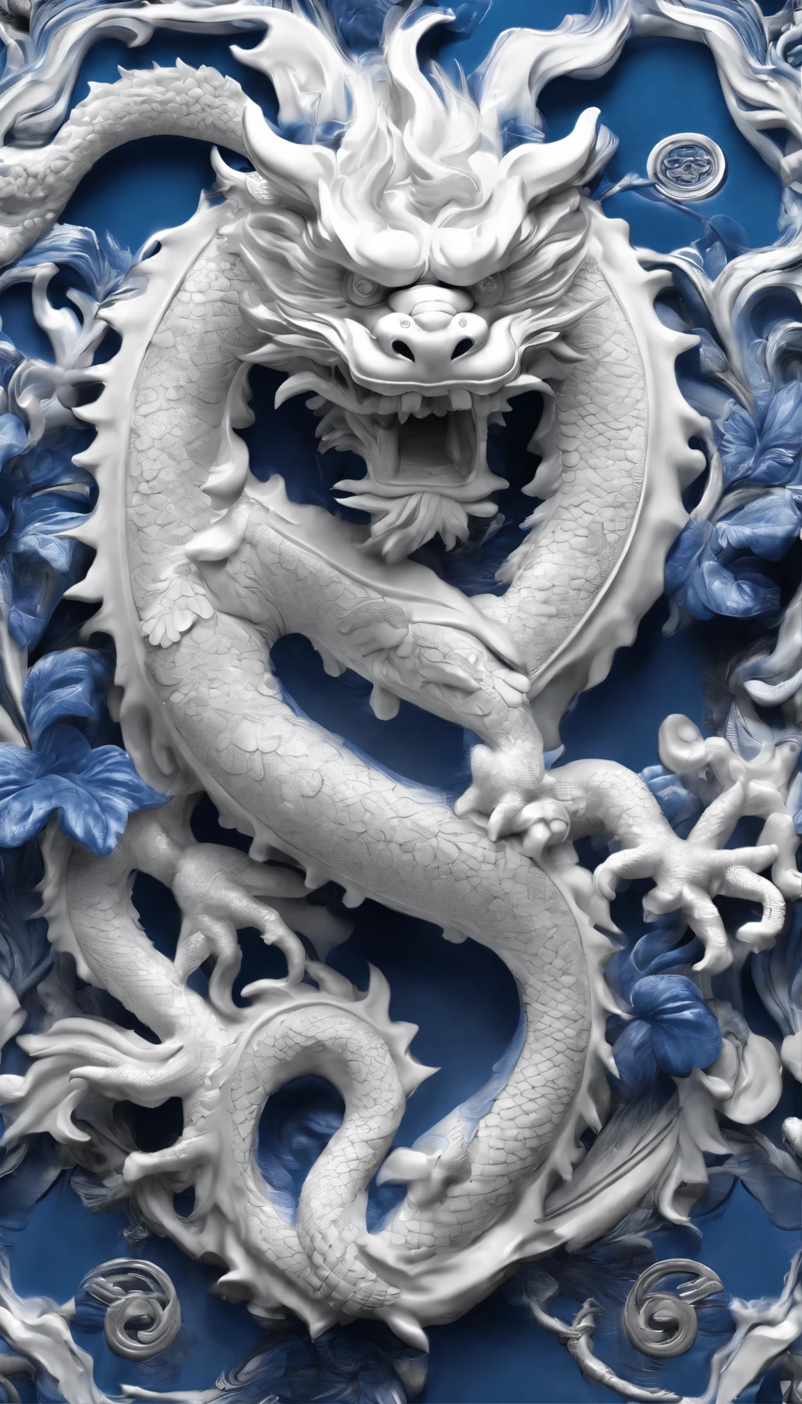 Blue and white porcelain,Ceramic Chinese dragon,Ancient style,artwork of a,jewelry,Ornaments, High detail, .3D, Chiaroscuro, Cinematic lighting, god light, Cinematic lighting, hyper HD, High details, Best quality, A high resolution, Textured skin
