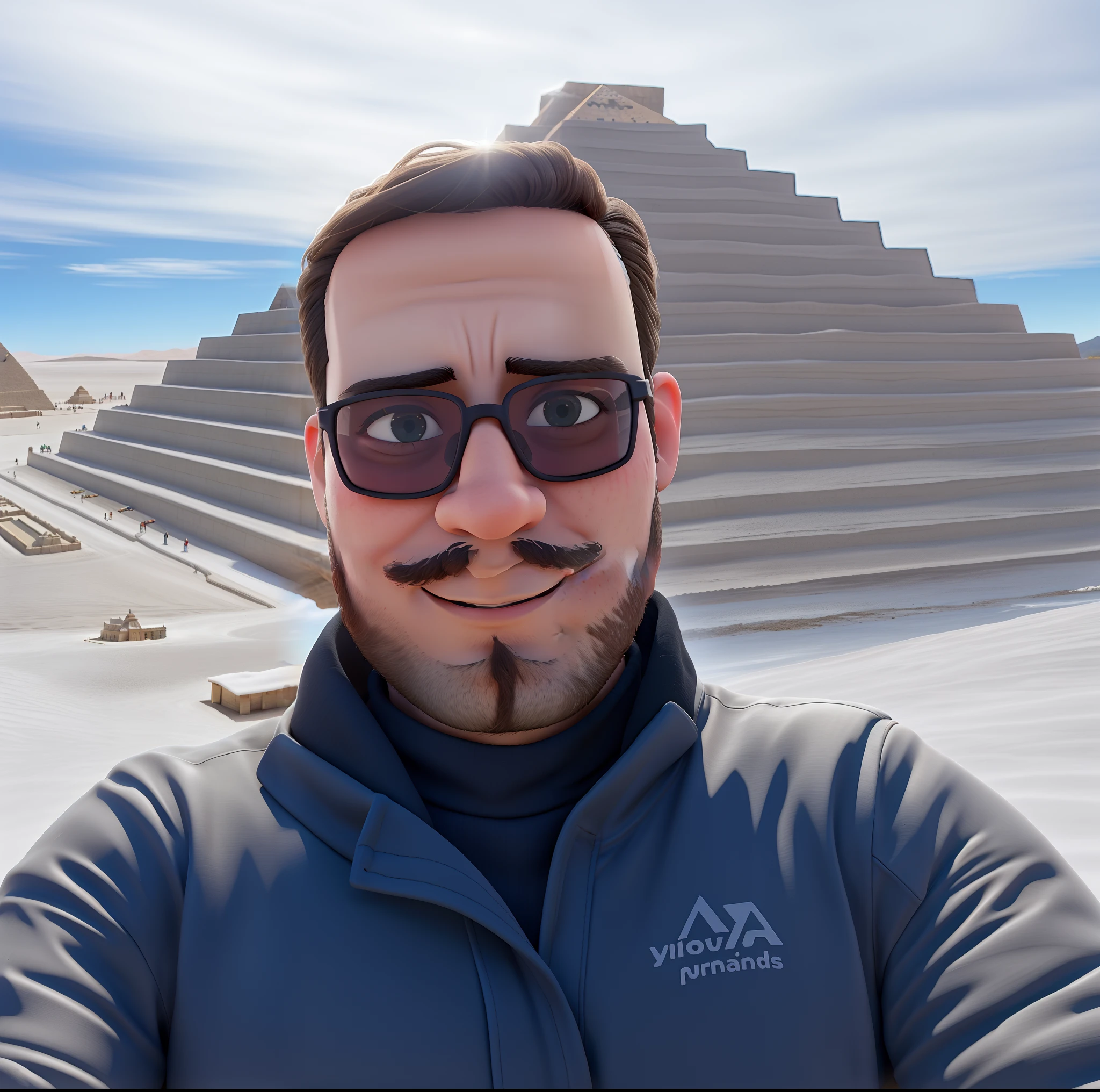 Man in sunglasses in front of a pyramid, pyramid in background, pyramids in the background, com montanhas no fundo, com montanhas ao fundo, frio como gelo! 🧊, pyramids in background, foto de perfil 1024px, imagem do avatar, foto do perfil, taken in the early 2020s, na empresa salar de uyuni