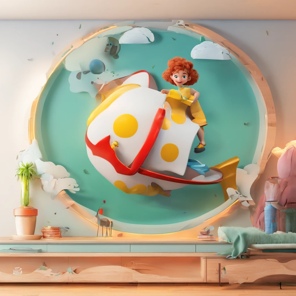 create a 3D movie poster inspired by Disney Pixar, The scene should be in Pixar's signature digital art style, com uma imagem caricatural que lembra uma mulher de 40 anos ,rosto redondo,olhos azuis ,oculos pretos,cabelo castanho pelos ombros,wears a white gown to teach a child to read.