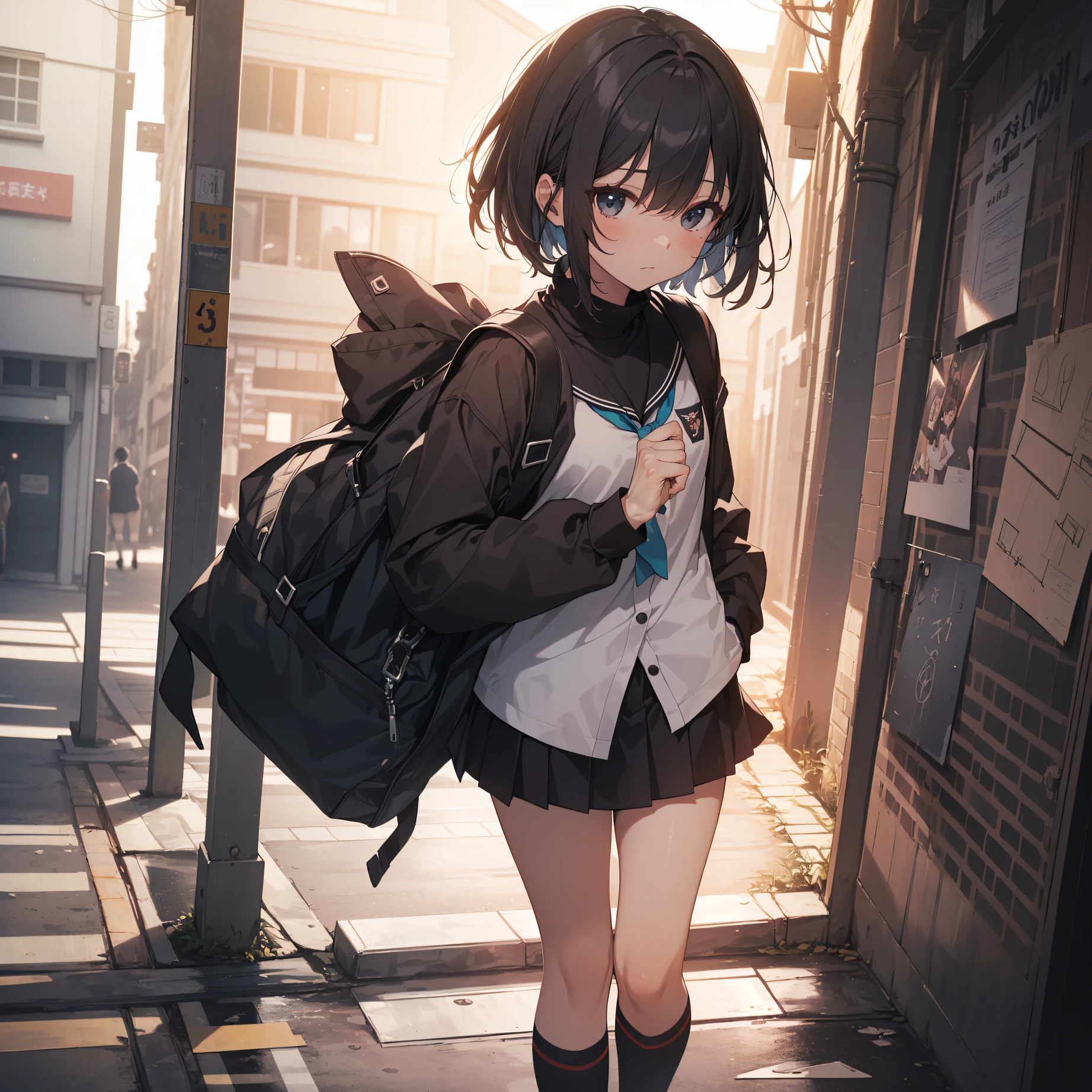 (top quality,ultra-detailed,high resolution,extremely detailed CG,unity 8k wallpaper,by famous artist,perfect anatomy,super detailed skin,cinematic lighting:1.1),break,(Please draw a picture of a girl walking listlessly looking into the distance.:1.3),break, 1girl, (Solo,Loli face,-yeld:1.a junior hihort hair),Full limbs,complete fingers,flat chest, Small butt, groin, Beautiful detailed black eyes, disgusted eye, cowboy shot, school Uniform, look away, (Detailed Lighting), (Detailed background), (in the school zone),