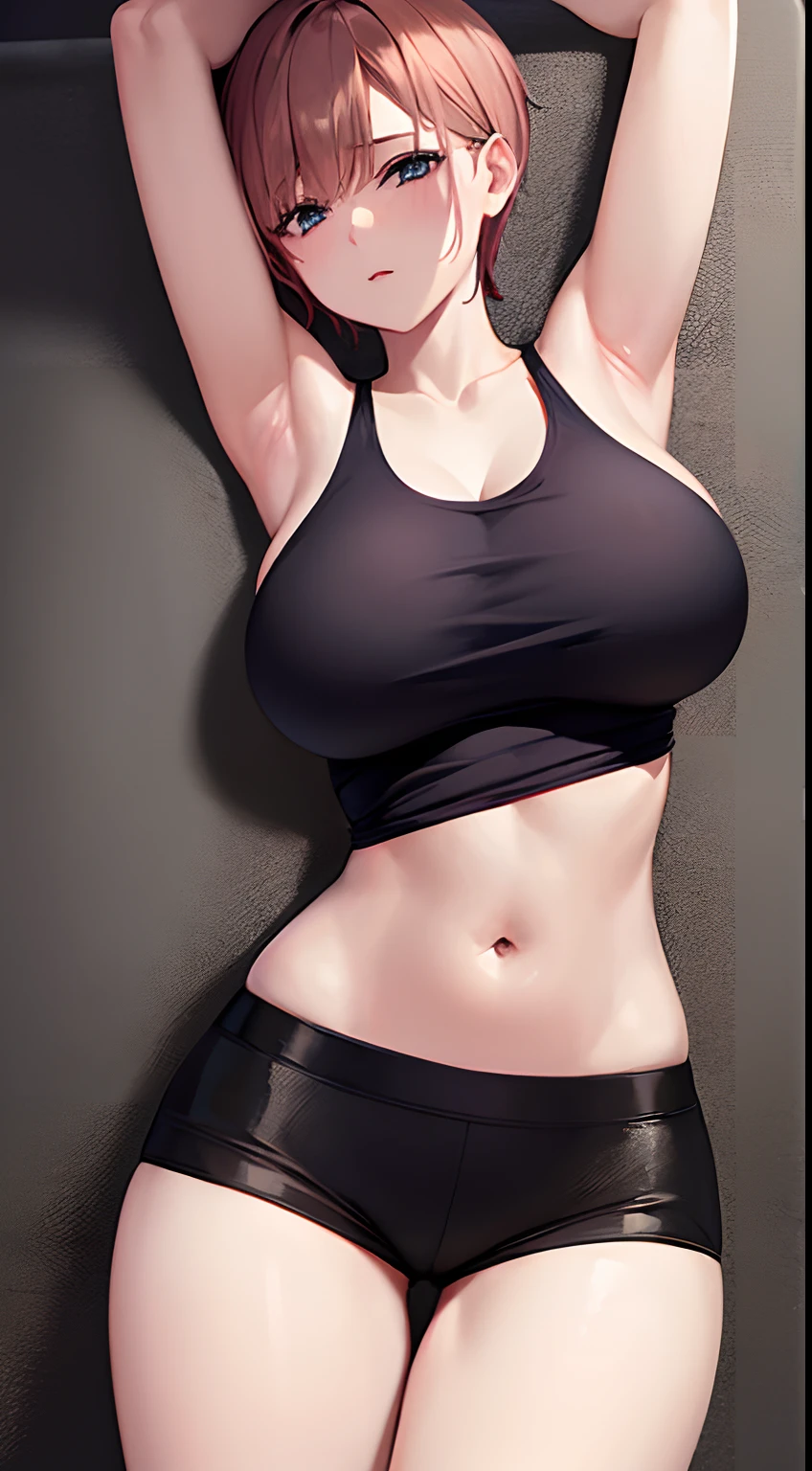 1 girl, short hair, very big breasts, very sexy body, sexy look, looking at the camera, wearing a tight tank top, wearing panties