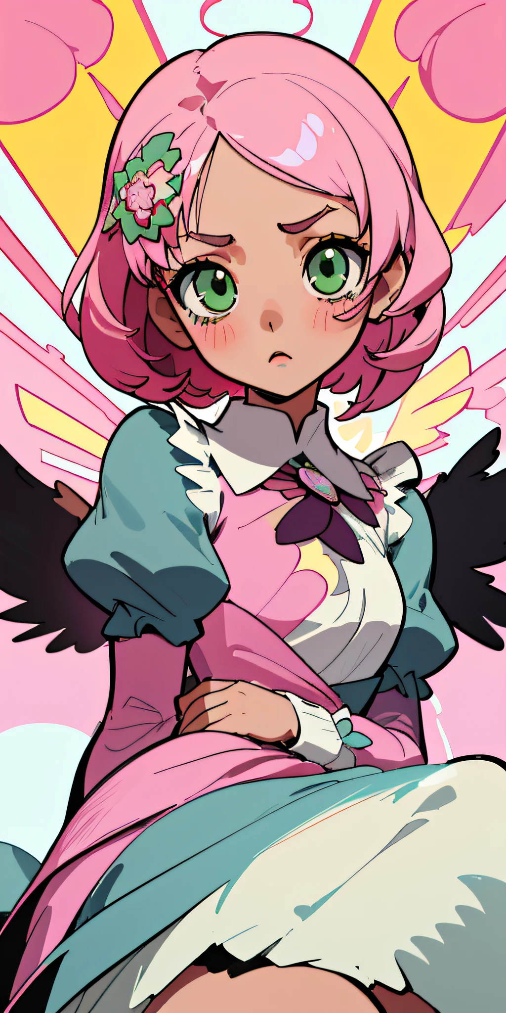 Alisa bosconovitch, melhor qualidade, contemporary, estilo plano, minimalismo, Green Eyes Flat Illustration, cabelo rosa, cabelo curto, cabelos multicoloridos, Camisa Preta, mechanical wings, Head Portrait Close-U, peito pontudo, decote, super decote, middlebreasts, Tekken，cabelo rosa pastel, 1girl, em quimono, hand-painted，Desenho de linha sem cor, colorida do yandere pastel, Tekken, Super cute pink hair girl with gothic makeup on the side, com roupa de empregada，figura esbelta，robusto，He sat on the floor，Vestido com roupas de empregada rosa e branco，cabelos muito curtos，com orelhas de gato，quadratic element，, kawaii cor-de-rosa na roupa da era de 1910, Alisa Bosconovich pink lips, no estilo da paleta de cores suave aurorapunk, an anime illustration of his face, gifs animados, hand drawn animation, charming sketches, suave e brilhante, romantismo nebuloso, Estilo Superflat, fundo branco - ar 1:1 - niji 5 - estilo expressivo --s 50 ,Pink kawaii girl in the era of 1920s clothesPink eagles, vestindo uma camisa branca brilhante, no estilo da paleta de cores suave aurorapunk, an anime illustration of his face, gifs animados, hand drawn animation, charming sketches, suave e brilhante, romantismo nebuloso, Estilo Superflat, fundo branco - ar 1:1 - niji 5 - estilo expressivo --s 50, Absurdo, Alto, ultra detalhados, (1girl:1.3), quebrar , Create an image with beautiful calligraphy
