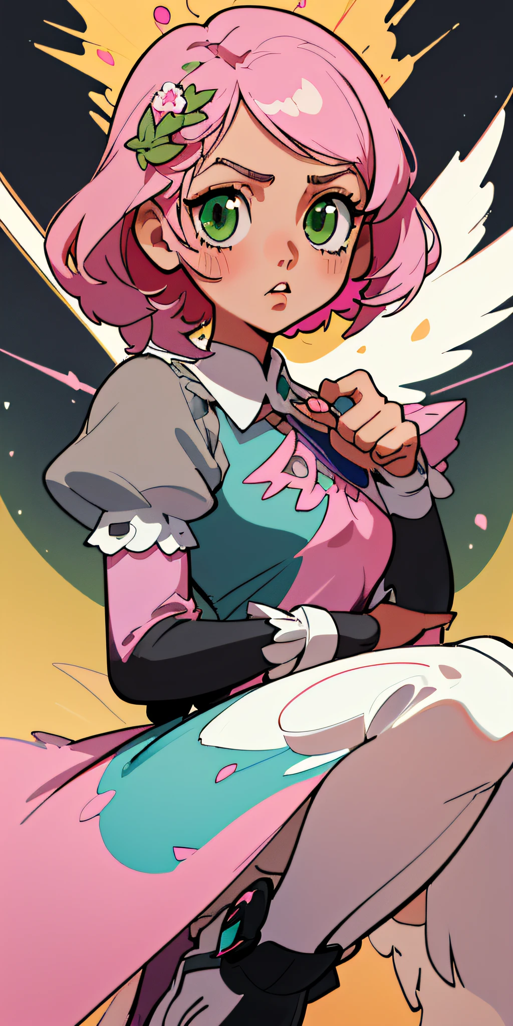 Alisa bosconovitch, melhor qualidade, contemporary, estilo plano, minimalismo, Green Eyes Flat Illustration, cabelo rosa, cabelo curto, cabelos multicoloridos, Camisa Preta, mechanical wings, Head Portrait Close-U, peito pontudo, decote, super decote, middlebreasts, Tekken，cabelo rosa pastel, 1girl, em quimono, hand-painted，Desenho de linha sem cor, colorida do yandere pastel, Tekken, Super cute pink hair girl with gothic makeup on the side, com roupa de empregada，figura esbelta，robusto，He sat on the floor，Vestido com roupas de empregada rosa e branco，cabelos muito curtos，com orelhas de gato，quadratic element，, kawaii cor-de-rosa na roupa da era de 1910, Alisa Bosconovich pink lips, no estilo da paleta de cores suave aurorapunk, an anime illustration of his face, gifs animados, hand drawn animation, charming sketches, suave e brilhante, romantismo nebuloso, Estilo Superflat, fundo branco - ar 1:1 - niji 5 - estilo expressivo --s 50 ,Pink kawaii girl in the era of 1920s clothesPink eagles, vestindo uma camisa branca brilhante, no estilo da paleta de cores suave aurorapunk, an anime illustration of his face, gifs animados, hand drawn animation, charming sketches, suave e brilhante, romantismo nebuloso, Estilo Superflat, fundo branco - ar 1:1 - niji 5 - estilo expressivo --s 50, Absurdo, Alto, ultra detalhados, (1girl:1.3), quebrar , Create an image with beautiful calligraphy