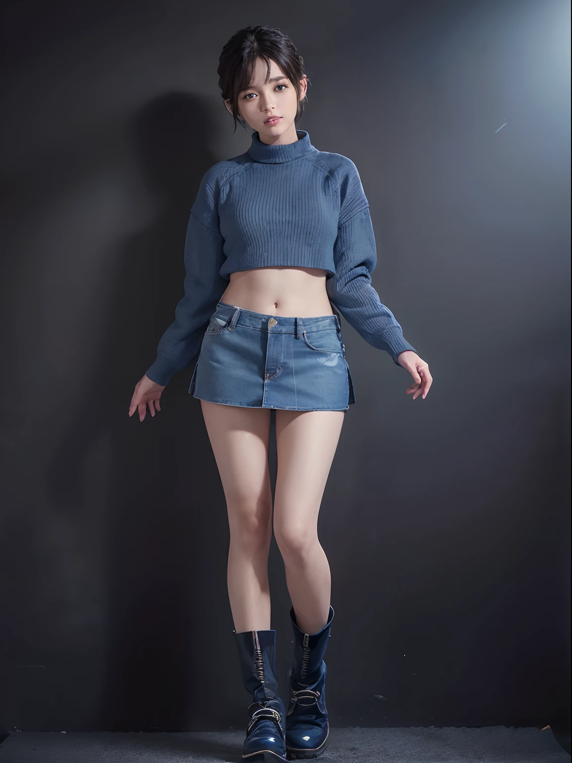 (masuter piece:1.3)、(8k、Photorealsitic、RAW Photography、top-quality: 1.4)、(1girl)、beautiful countenance、(lifelike face)、(A dark-haired、short-hair:1.3)、Beautiful hairstyle、realisticeyes、Beautiful details、（real looking skin）、Beautiful skins、（Sweaters）、absurderes、enticing、超A high resolution、A hyper-realistic、high-detail、the golden ratio、((wide open abdomen))、((open abdomen))、((wide open navel))、((open navel))、((Bare belly))、((Mid-Riff Sweater))、((Mid-Riff Sweater))、((Ultra-low rise、Denim Mini Skirt))、 ((Navel Ejection))、((small hips))、((long limbs))、((Full body depiction))、((small  hip))、(long boots)、((Ultra-low rise))、((Denim Mini Skirt))、((is standing))、 ((wide open abdomen))、((open abdomen))、((wide open navel))、((open navel))、((Bare belly))、((Mid-Riff Sweater))、((Ultra-low rise、Denim Mini Skirt))、 ((Navel Ejection))、((small hips))、((Full body depiction))、((small  hip))、(boots)、((Ultra-low rise))、((Denim Mini Skirt))、