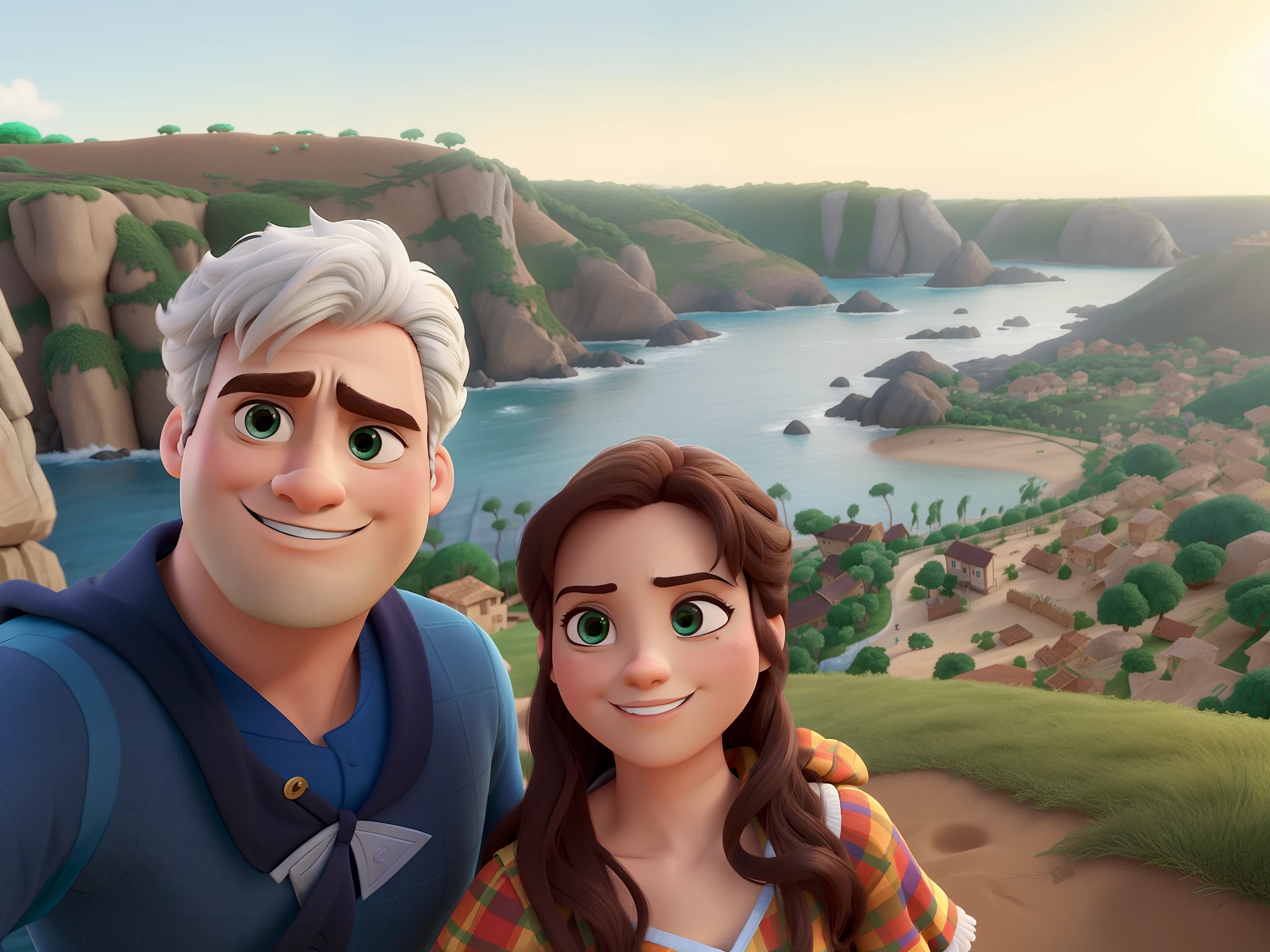 Casal (homem branco e grisalho e mulher branca) no estilo Disney Pixar, alta qualidade, melhor qualidade.
