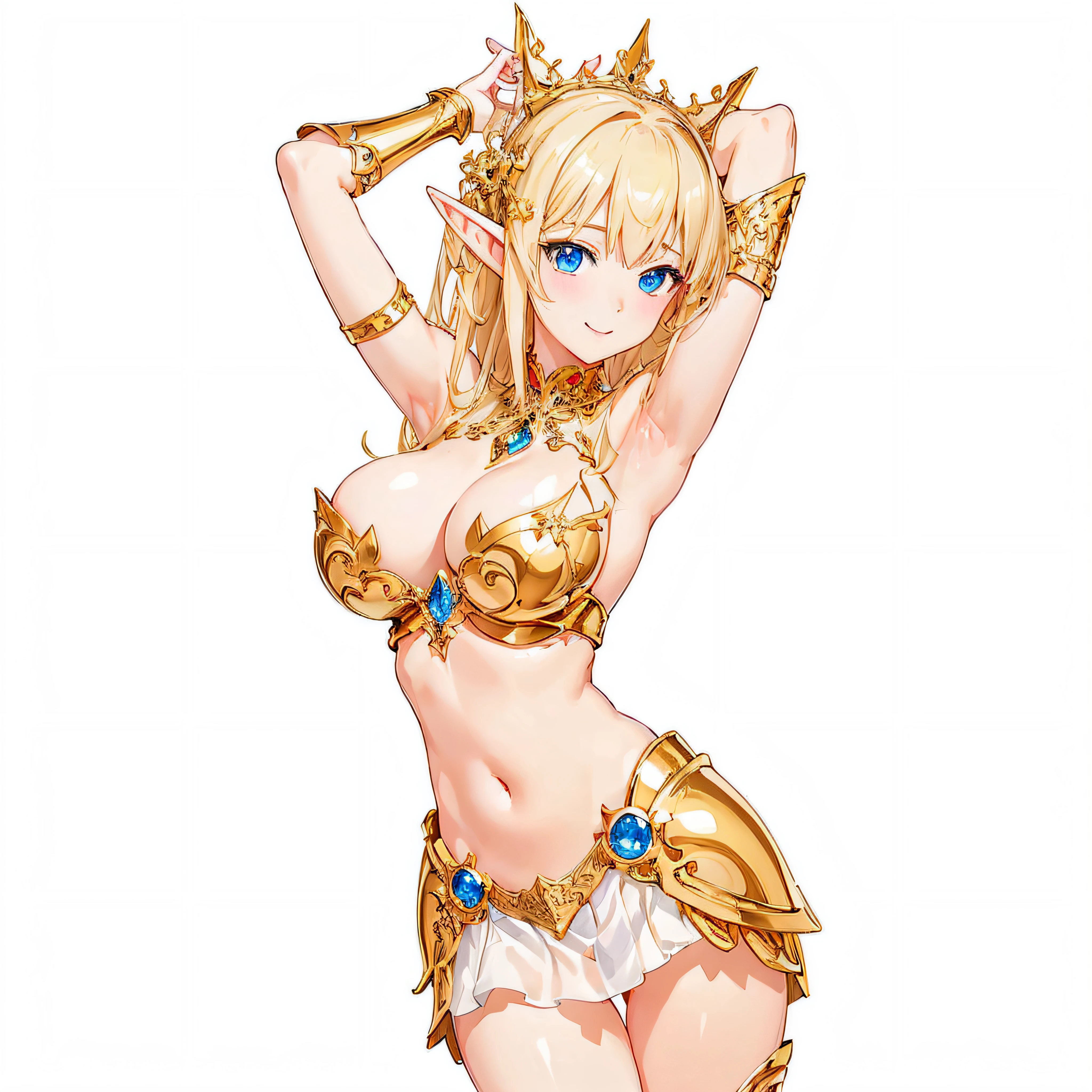 masterpiece、top-quality、ighly detailed、hight resolution、16k、fullnude、Boob proportions、golden armour、A very sheer skirt、Full body like、Very white skin、Beautiful fingers、Anime girl with very big breasts posing naked、Perfect Style、elvish、no-bra、Blonde blue-eyed、A smile、An elf girl