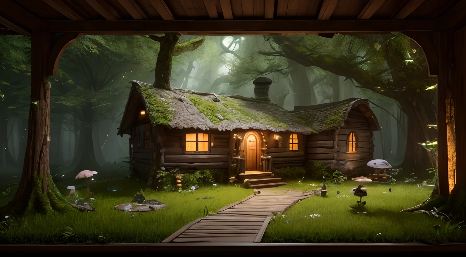 Masterpiece, Best Quality, (extremely detailed CG unity 8k wallpaper), (Best Quality), (Best illustration), (better shadow), Mushroom House, covered in moss，Firefly，Wtarlight surrounds the room，petal, isometric 3D, Octane Render,Ray Tracing,Ultra Detailed,