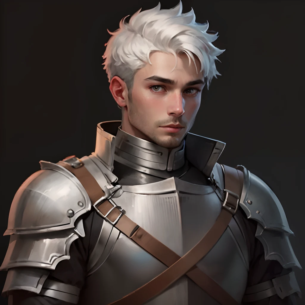 A neoclassicism drawing of a 30 year old male knight with short white hair