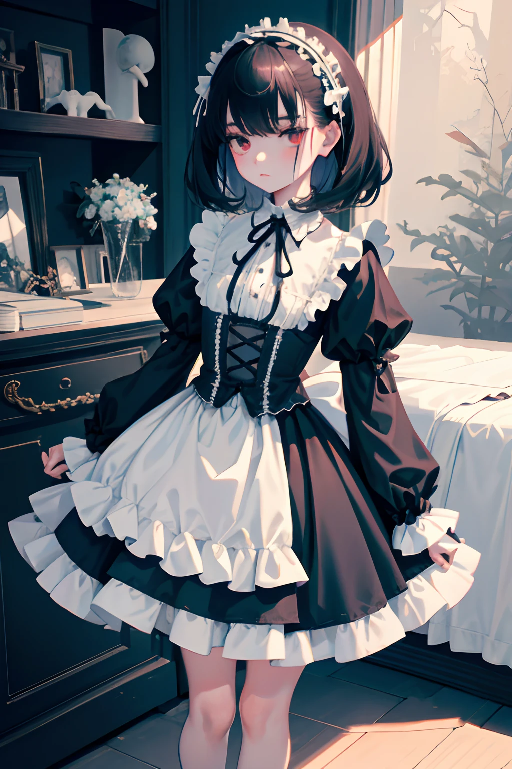 Standing,Knees,Curtsey,lift up one's skirt,child,(masterpiece,Highest Quality),(shortsleeves,White Gothic ta),Sleepy face,A dark-haired,waterface