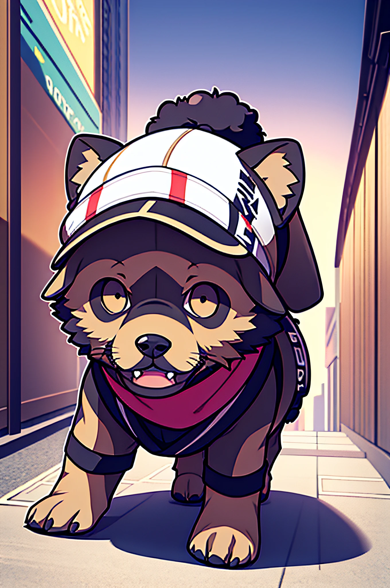 Photo of loin of hat and scarf,trends in the art station,Wear fashionable clothes,hyper realistic detailed rendering,Urban style,intimidating pose,Dog Planet,fashionable outfit,urbansamurai,Doggy,Wearing a Workers' Cap,Stylish City Cap