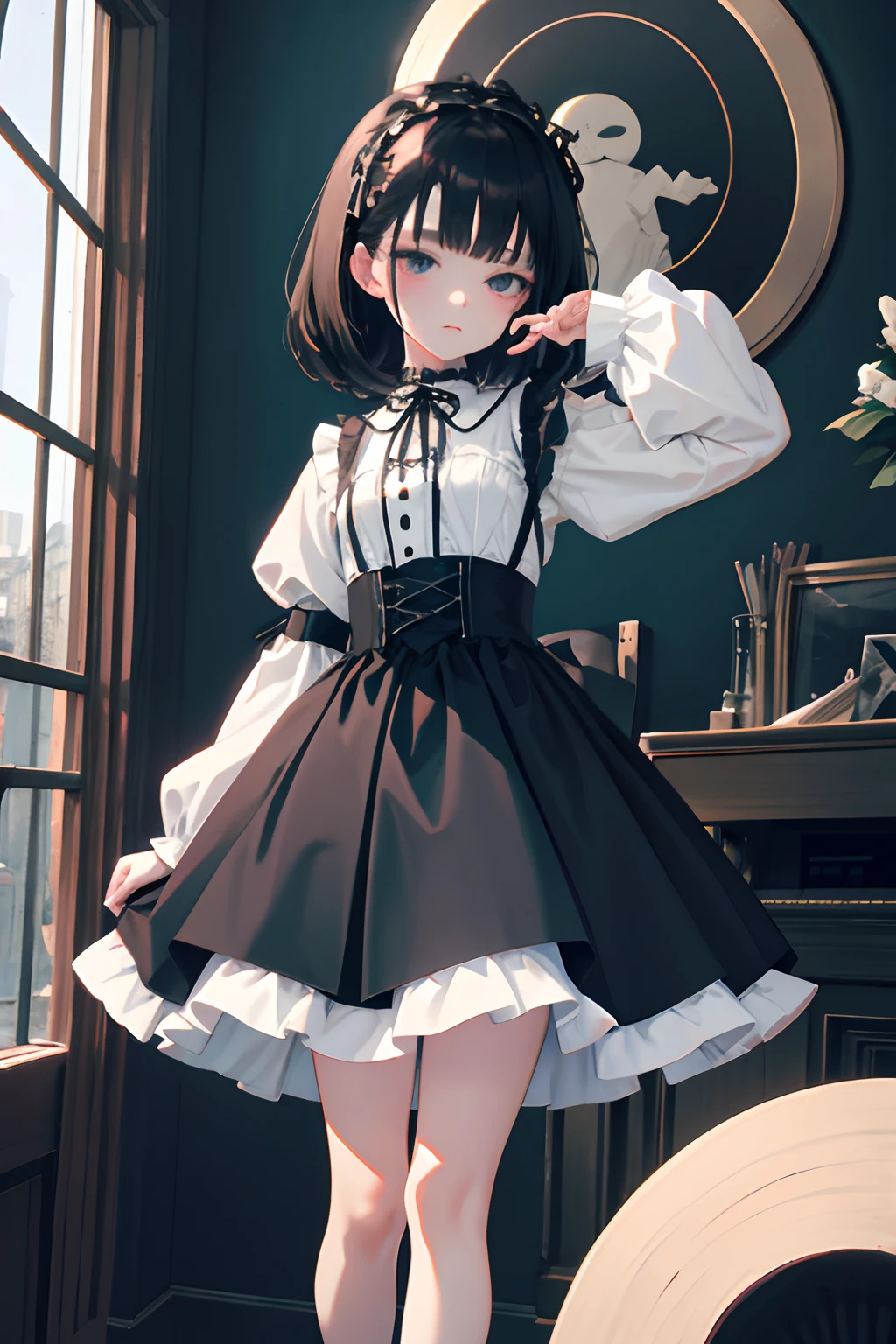 Standing,Knees,Curtsey,lift up one's skirt,child,(masterpiece,Highest Quality),(shortsleeves,White Gothic Lolita),Sleepy face,A dark-haired,waterface