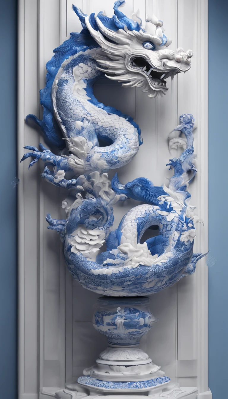 Blue and white porcelain,Ceramic Chinese dragon,Ancient style,artwork of a,Ornaments, High detail, .3D, Chiaroscuro, Cinematic lighting, god light, Cinematic lighting, hyper HD, High details, Best quality, A high resolution, Textured skin