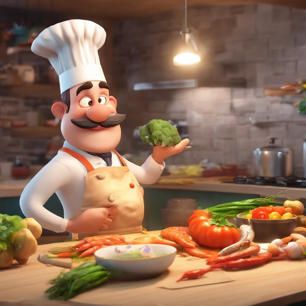 Crie uma cena de desenho animado estilo 3d -Pixar, Onde um homem, de cabelos pretos com 35 anos de idade, he is cooking dressed as a chef, seafood and vegetables