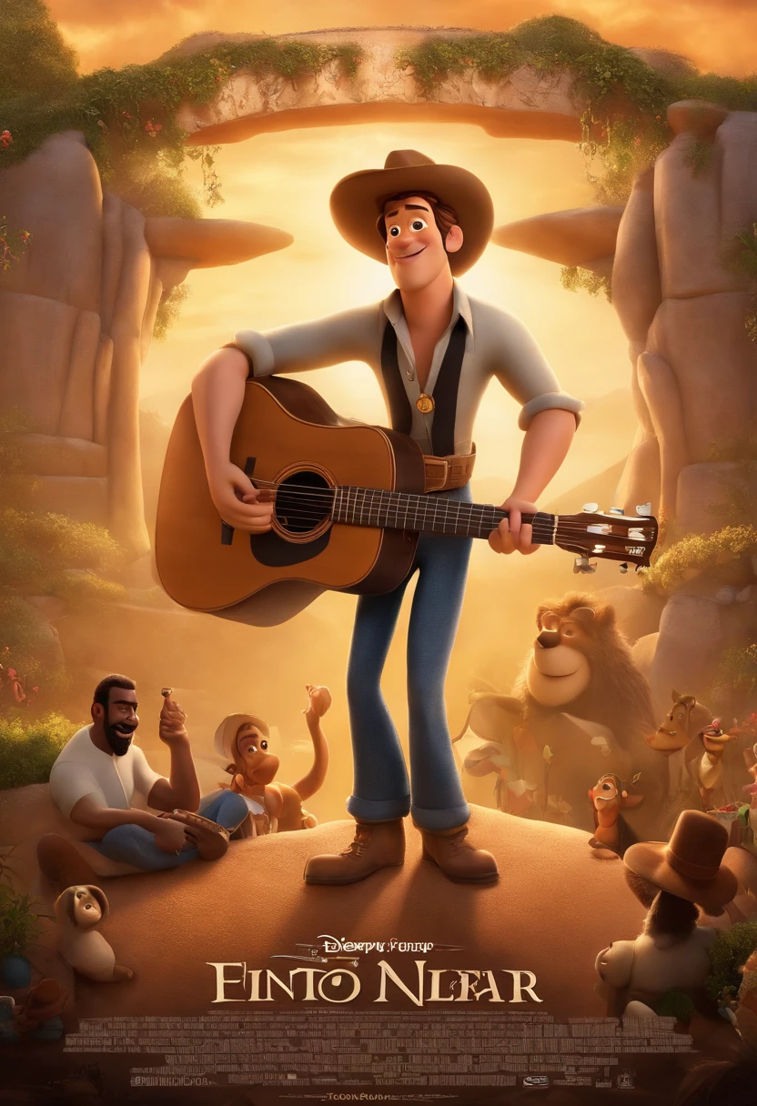 Criar cartaz de filme estilo Disney Pixar em 3d, homem alto, gordinho com camiseta preta, Denim Jeans Pants, botina militar cor areia, cabelo curto com topete, Visible mole on the cheekbone on the right side, singing and playing a Black Folk guitarwith the title "Canto e encanto"