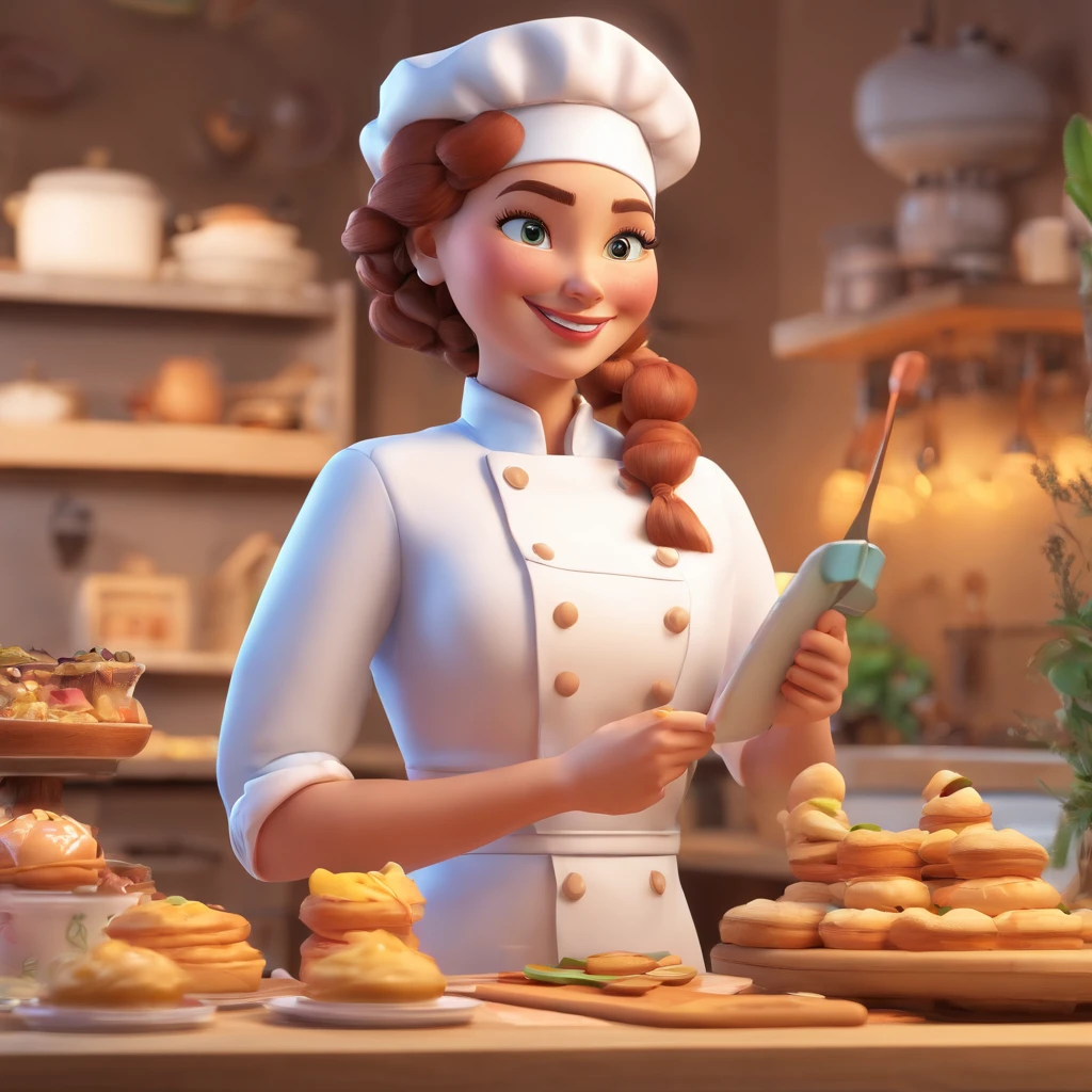 Crie uma cena de desenho animado estilo 3d -Pixar, Onde uma mulher, de cabelos lisos castanhos com 35 anos de idade, She's cooking dressed as a pastry chef.