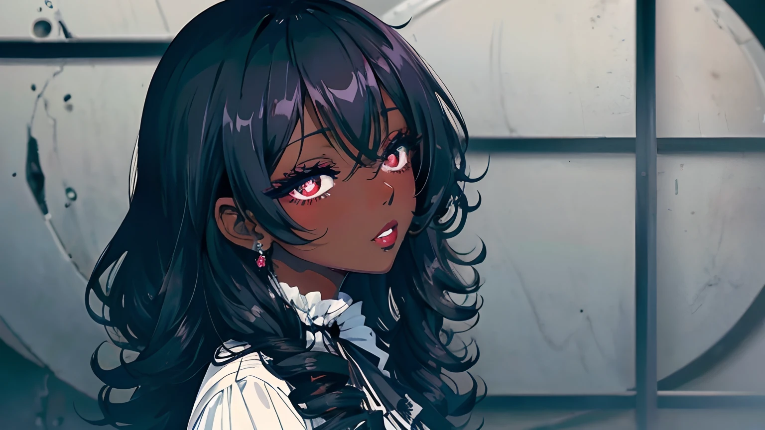 anime dark skin girl, black and white curly hair covering her eyes, black lipgloss on lips, gothic dress, close up