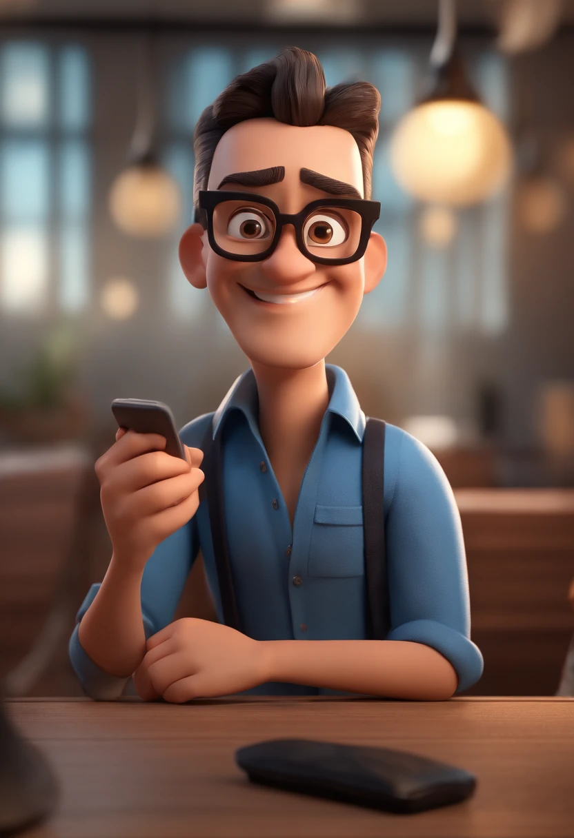 Cartoon character of a man with black glasses and a blue shirt, animation character, Caractere estilizado, animation style rendering, 3D estilizado, Arnold Maya render, 3 d render stylized, toon render keyshot, Personagem 3D, Personagem 3D, 3d rendering stylized, 3 d character render, personagem de desenho animado, Personagem de close up, Pose de personagem,  (Estilo Pixar) (master part:1.2) (Bokeh) (best quality) (pele detalhada) (textura detalhada) (8k) (argila) (Cinematic lighting) (foco nítido