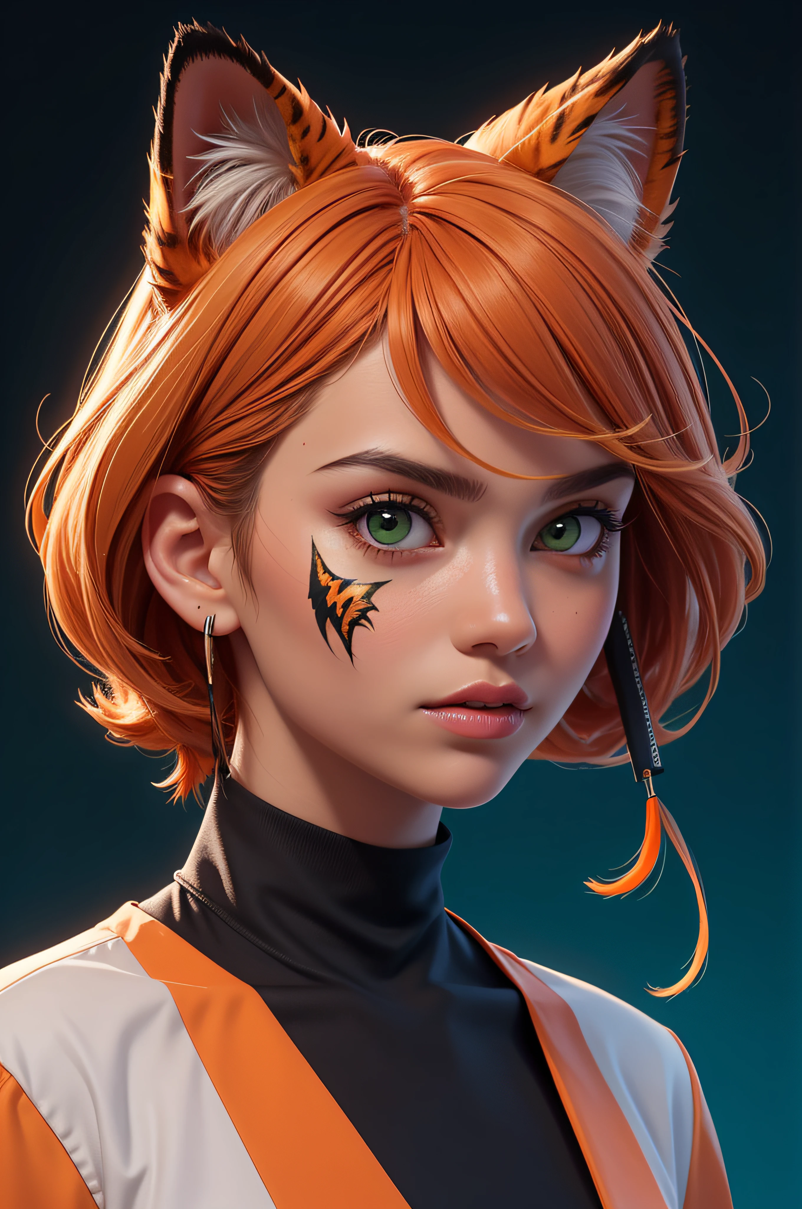 (masterpiece:1.1),(highest quality:1.1),(HDR:1),extreme quality,cg,(negative space),detailed face+eyes,1girl,fox ears,animal ear fluff,(plants:1.18),(fractal art),(bright colors),splashes of color background,colors mashing,paint splatter,complimentary colors,neon,(thunder tiger),compassionate,electric,limited palette,synthwave,fine art,tan skin,upper body,(green and orange:1.2),time stop,sy3,SMM,