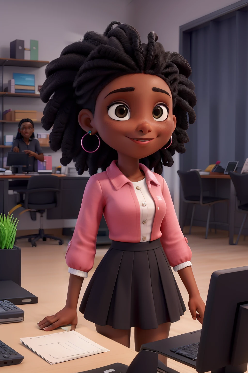 Obra-prima, de melhor qualidade, uma mulher branca de cabelo preto iluminado, sentada em um computador com o nome "atual fashion store" escrito na tela, araras de roupas ao fundo, detalhes em rosa