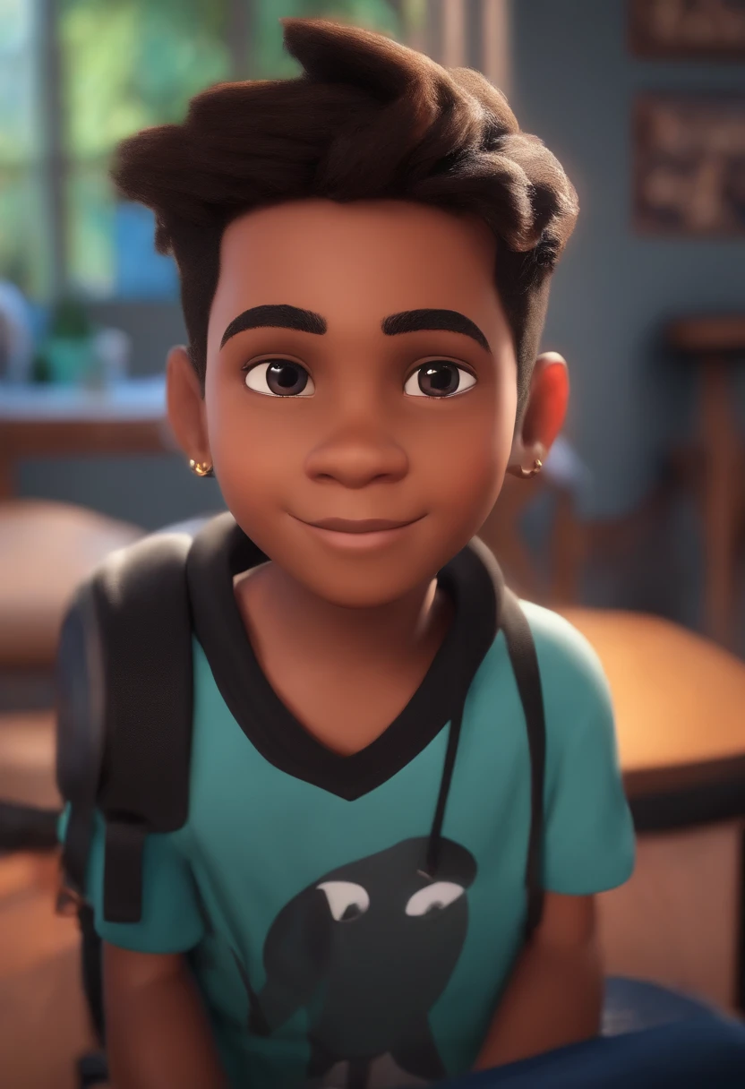 Image of a boy for a story in a YouTube video in Pixar format, He's the little allabester, He's the class leader, He's outgoing, Playful and gets up for a lot of things, cabelo curto preto fundo de games roblox