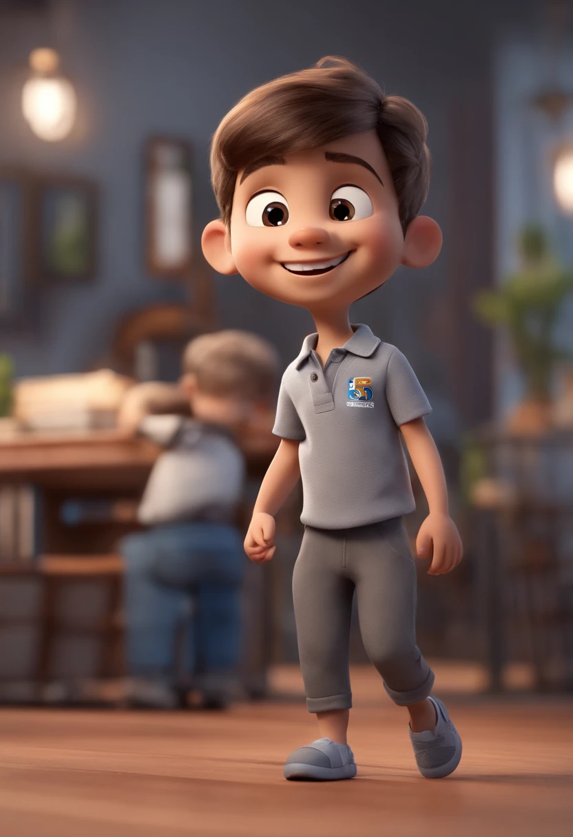 a happy cute ??? standing short hair, wearing a grey polo shirt with Sbf logo and grey pants , cabelo curto preto , fundo branco, barnet, tom, Estilo Pixar, ..3d, desenhos animados, rosto detalhado, asymmetrical 16k