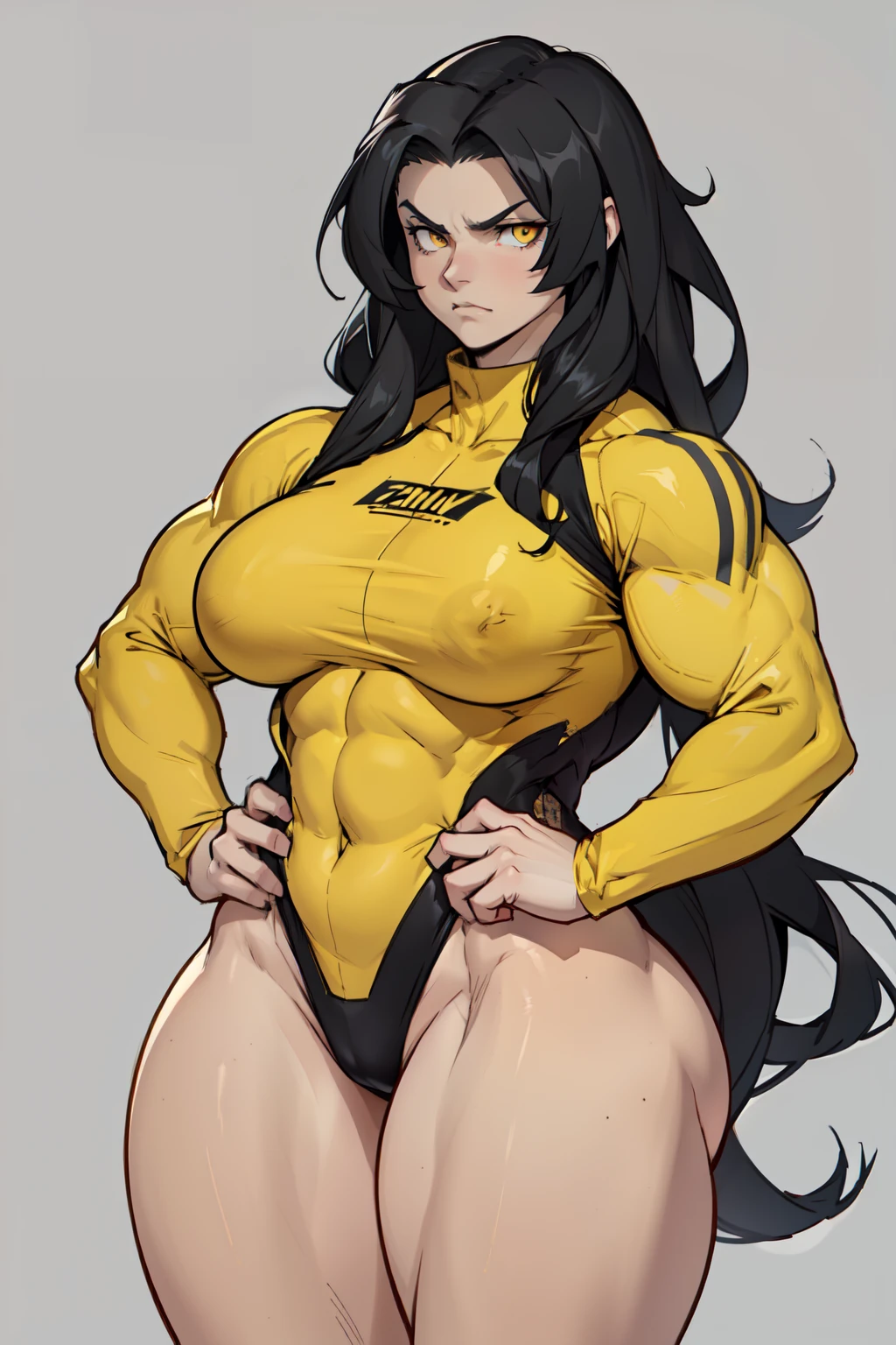 ((grey background))  pale skin black hair yellow eyes (very long hair) angry ((1 girl muscular toned body bodybuilder curvy wide hips thick thighs perky tits)) (solo) standing (long sleeves leotard)