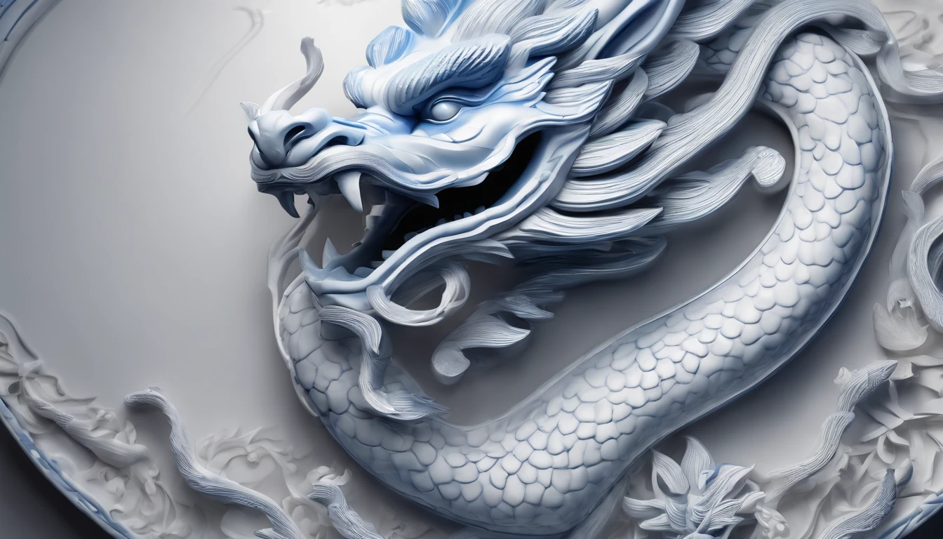 Blue and white porcelain,Ceramic Chinese dragon，Ancient style，artwork of a， High detail, .3D， Chiaroscuro, Cinematic lighting, god light, Cinematic lighting, hyper HD, High details, Best quality, A high resolution, Textured skin，