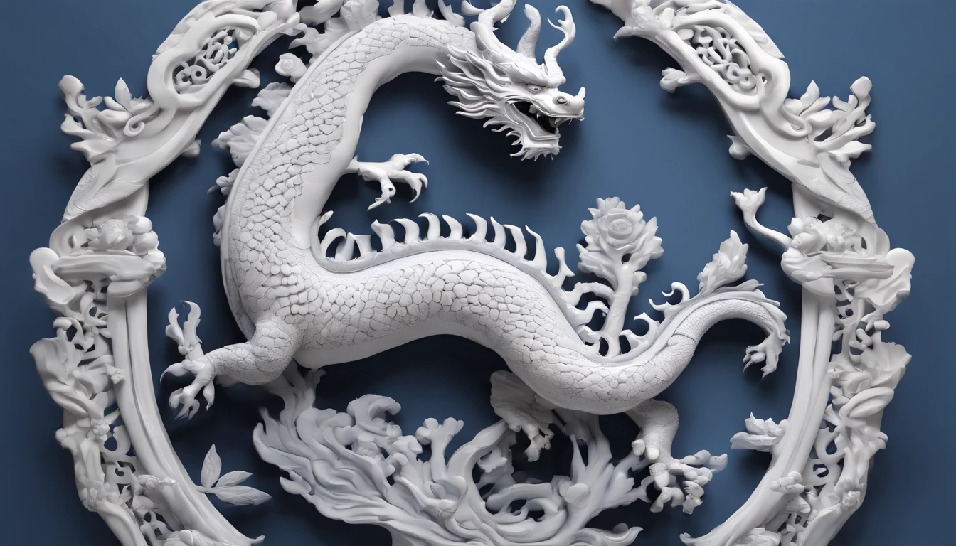 Blue and white porcelain,Ceramic Chinese dragon,Ancient style,artwork of a, High detail, .3D, Chiaroscuro, Cinematic lighting, god light, Cinematic lighting, hyper HD, High details, Best quality, A high resolution, Textured skin,