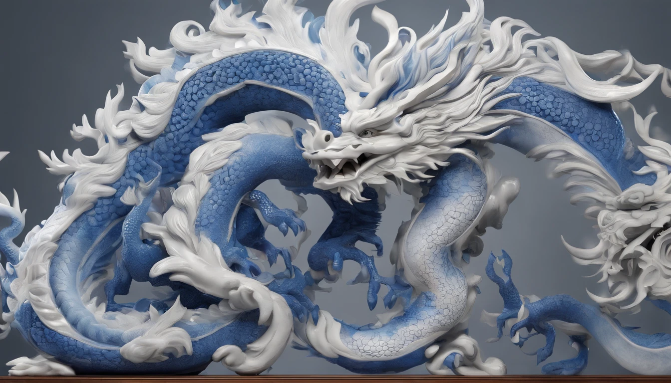 Blue and white porcelain,Ceramic Chinese dragon,Ancient style,artwork of a, High detail, .3D, Chiaroscuro, Cinematic lighting, god light, Cinematic lighting, hyper HD, High details, Best quality, A high resolution, Textured skin,
