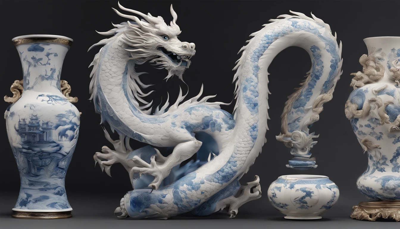 Blue and white porcelain,Ceramic Chinese dragon,Ancient style,artwork of a, High detail, .3D, Chiaroscuro, Cinematic lighting, god light, Cinematic lighting, hyper HD, High details, Best quality, A high resolution, Textured skin,