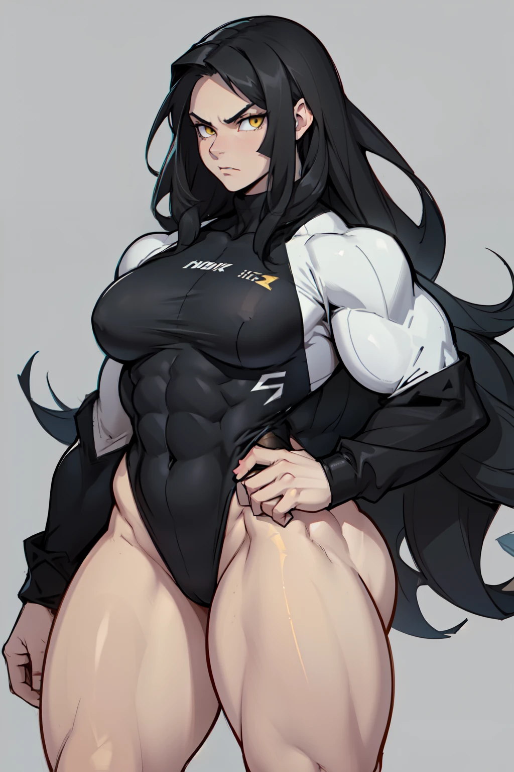 ((grey background))  pale skin black hair yellow eyes (very long hair) angry ((1 girl muscular toned body bodybuilder curvy wide hips thick thighs)) (solo) standing (long sleeves leotard)