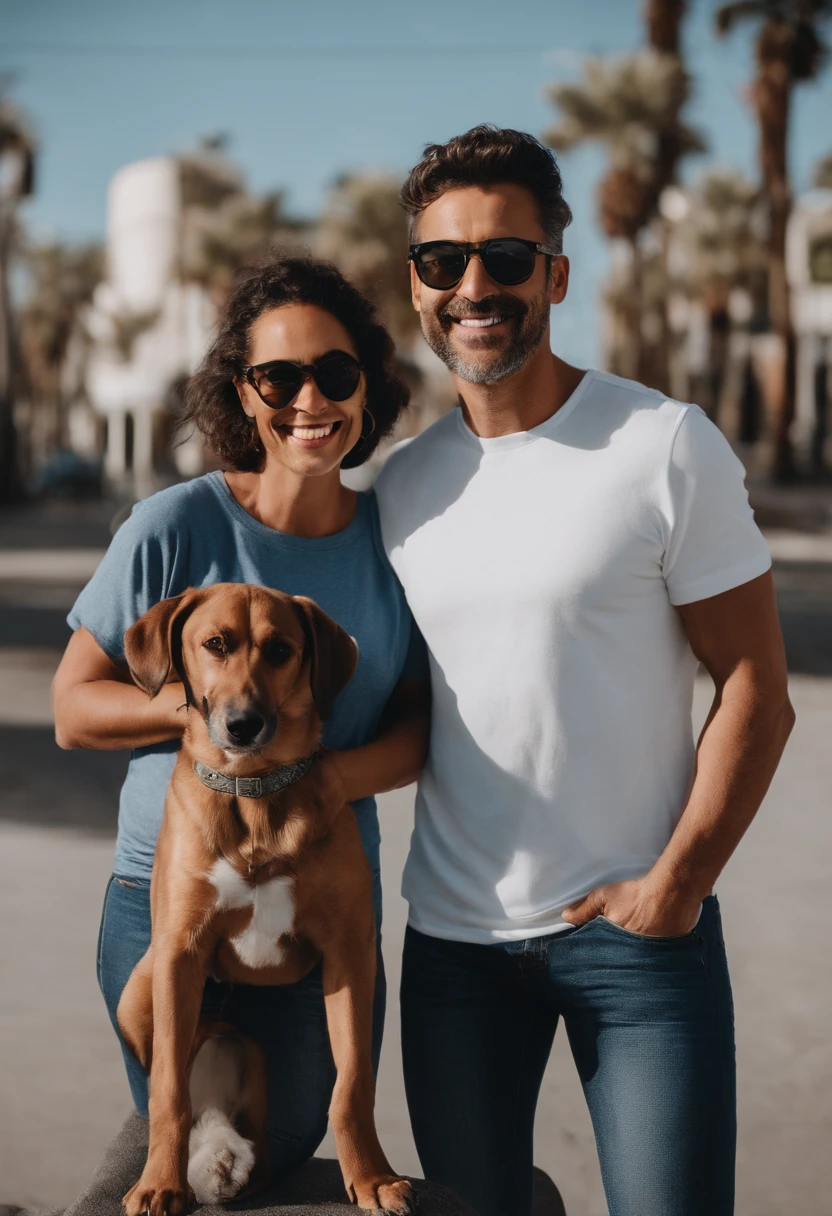 Pixar. Casal com um filhote de cachorro com pelos brancos lisos. A menina tem os cabelos pretos amarrados, Camiseta cinza e jeans claro, white glasses. O menino de cabelos pretos com cabelos grisalhos, barba pequena, oculos, Dark blue jeans and gray t-shirt. They are both smiling and are 45 years old