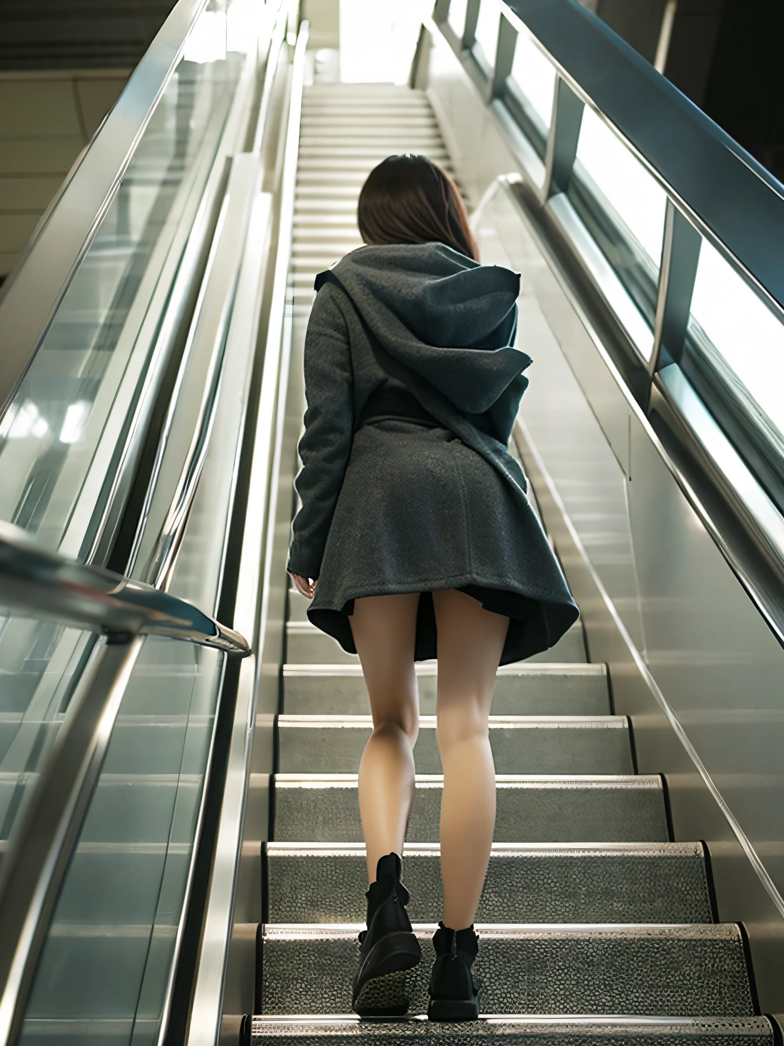 Up Escalator Skirt、short coat、bottom body close up、View from behind、Very low camera angle、Slouched、bent forward