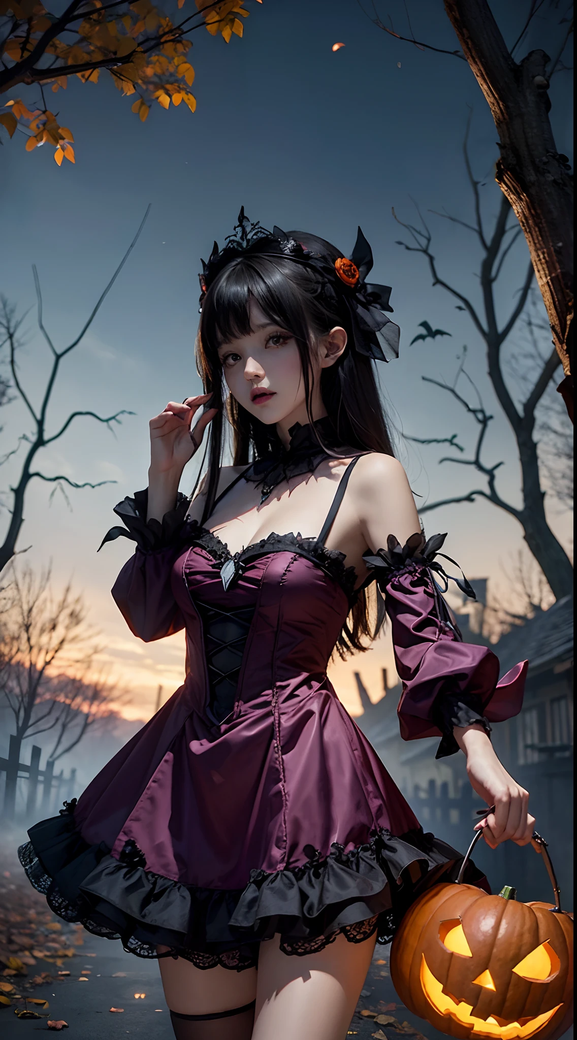 ((Enchanting costumes for Halloween、))a miniskirt、In the scary forest、The Way of、Scary tree branches、halloween night、Halloween Pumpkin、
