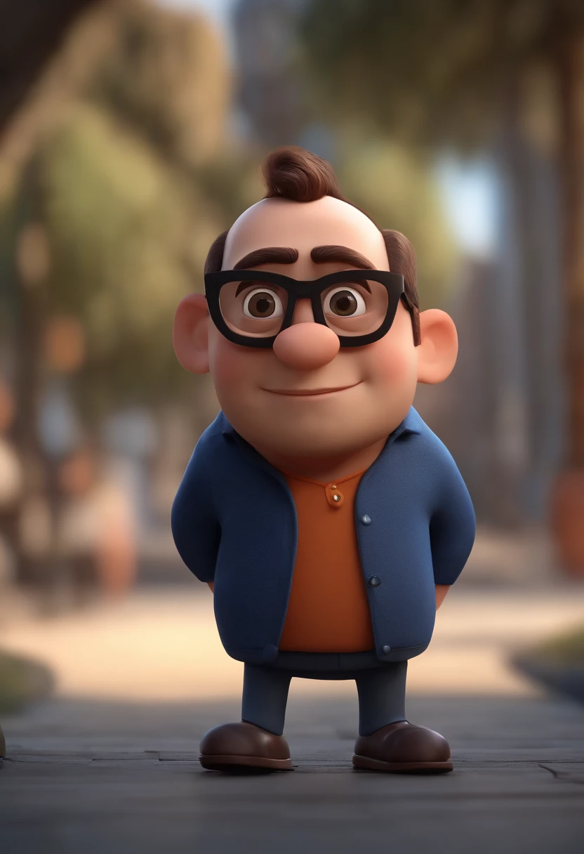 Cartoon character of a man with black glasses, cabelo cacheado marrom escuro e uma camisa azul, animation character, Caractere estilizado, animation style rendering, 3D estilizado, Arnold Maya render, 3 d render stylized, toon render keyshot, Personagem 3D, Personagem 3D, 3d rendering stylized, 3 d character render, personagem de desenho animado, Personagem de close up, Pose de personagem, (Estilo Pixar) (master part:1.2) (Bokeh) (best quality) (pele detalhada) (textura detalhada) (8k) (argila) (Cinematic lighting) (foco nítido