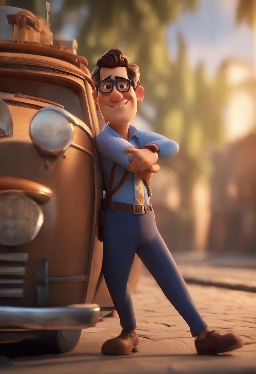 Cartoon character of a man with black glasses, cabelo cacheado marrom escuro e uma camisa azul, animation character, Caractere estilizado, animation style rendering, 3D estilizado, Arnold Maya render, 3 d render stylized, toon render keyshot, Personagem 3D, Personagem 3D, 3d rendering stylized, 3 d character render, personagem de desenho animado, Personagem de close up, Pose de personagem, (Estilo Pixar) (master part:1.2) (Bokeh) (best quality) (pele detalhada) (textura detalhada) (8k) (argila) (Cinematic lighting) (foco nítido