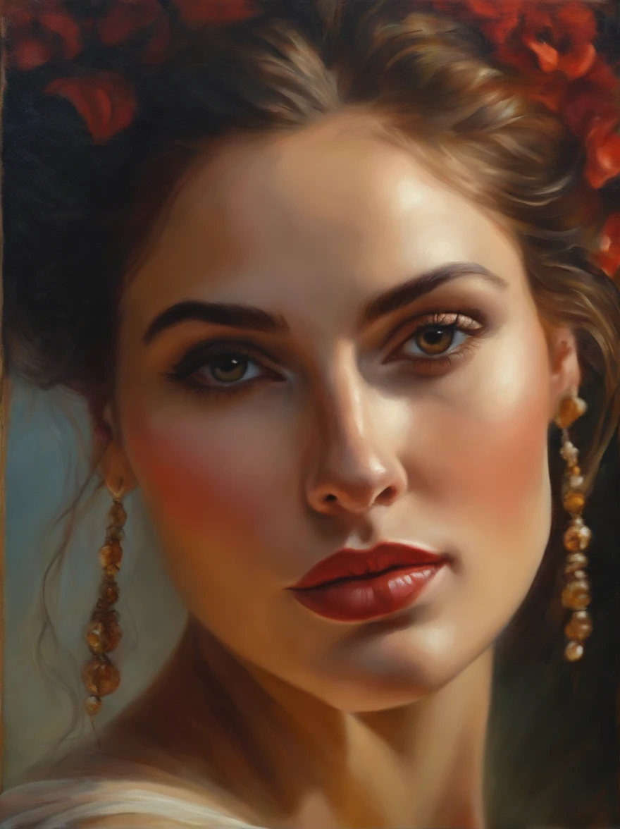 A master oil painting，Close-up of the side face of a beautiful woman