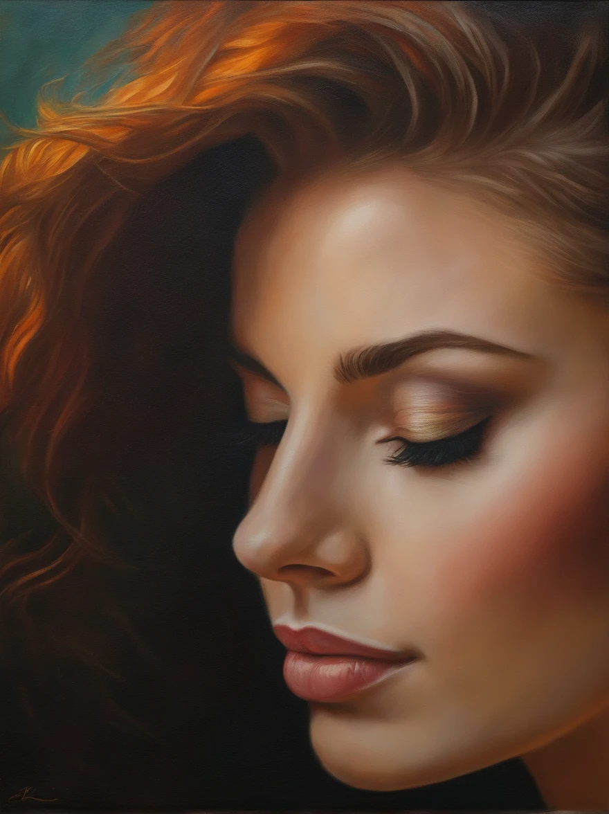 A master oil painting,Close-up of the side face of a beautiful woman