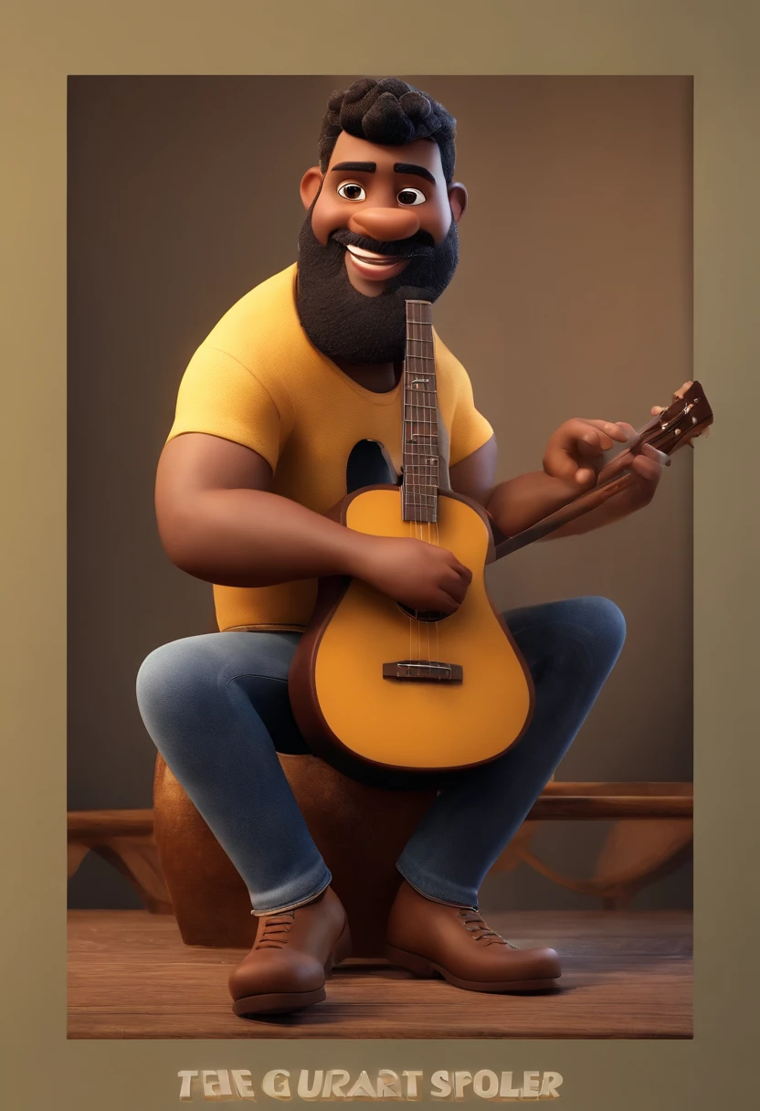 Criar cartaz de filme estilo Disney Pixar em 3d, Homem alto, gordinho com camiseta preta, Denim Jeans Pants, botina militar cor areia, cabelo curto com topete, Beard spot visible on right cheekbone, singing and playing a Black Folk guitar with the title Singing Life