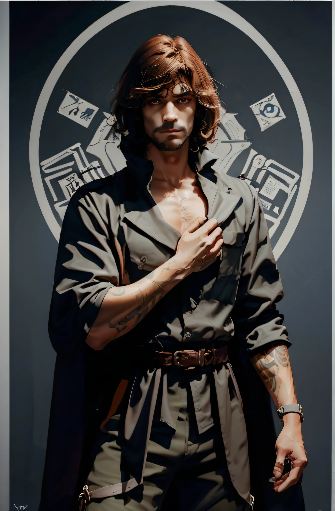 Em um mundo de Dungeons and Dragons, where magic and the occult were a present force, um jovem era um necromante. This man is an enigmatic figure, Wrapped in a mystical style, tem cabelos curtos e ondulados, negros como a meia-noite. Her pale black eyes emanated intense power, But they also hid the weight of wisdom gained from exploring the forbidden depths of necromancy. Vestido completamente de preto, The man wore a fabric blouse with an open collar and brown pants that seemed to absorb the light around him. The accessories he carried were minimalist, mas significativos. Ele usava um colar de prata com pingente, symbolizing your connection to death and the passage to the realm of the dead. He's got only a dark ebony wand, plus runes and magic circles tattooed on his hands, But it leaves your face visible. poster, Fausto 1926, Germanic folklore, German Expressionist, cinematic movie poster, tire a barba do personagem