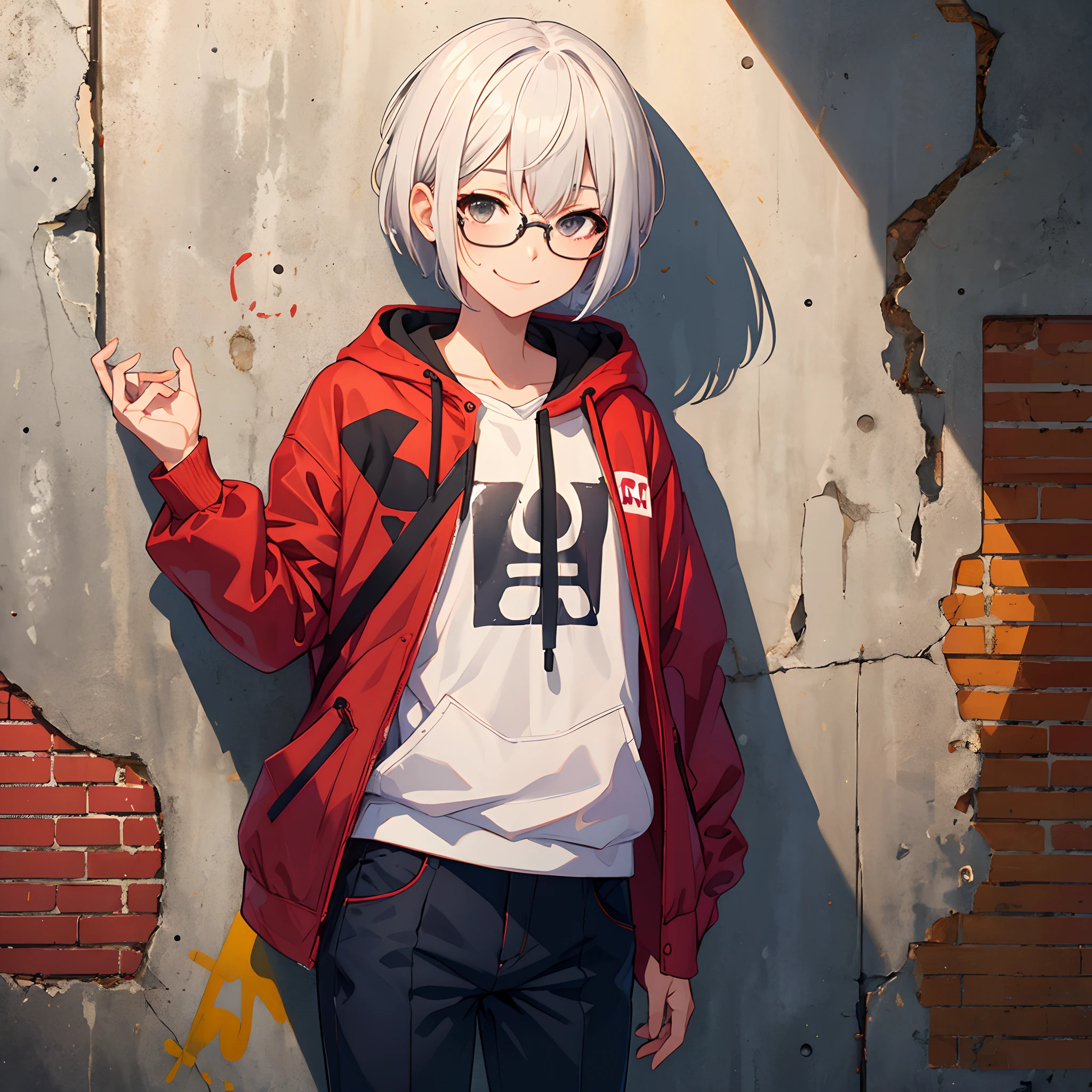 (neuter，short-haired，eye glasses,a smile, greyt hair，cowboy  shot，Salopette, Homework,),masutepiece, Best Quality,Perfect Anatomy, Solo, Matoi,  calm, Night, Against Wall, Brick wall, Graffiti, Dim lighting, backstreet, Looking at Viewer,