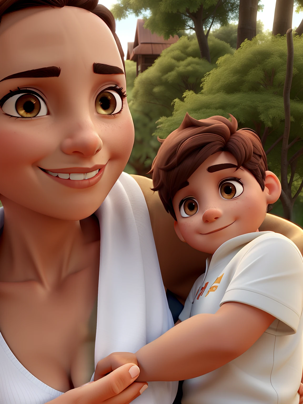 Mother with dark brown eye and son with short hair