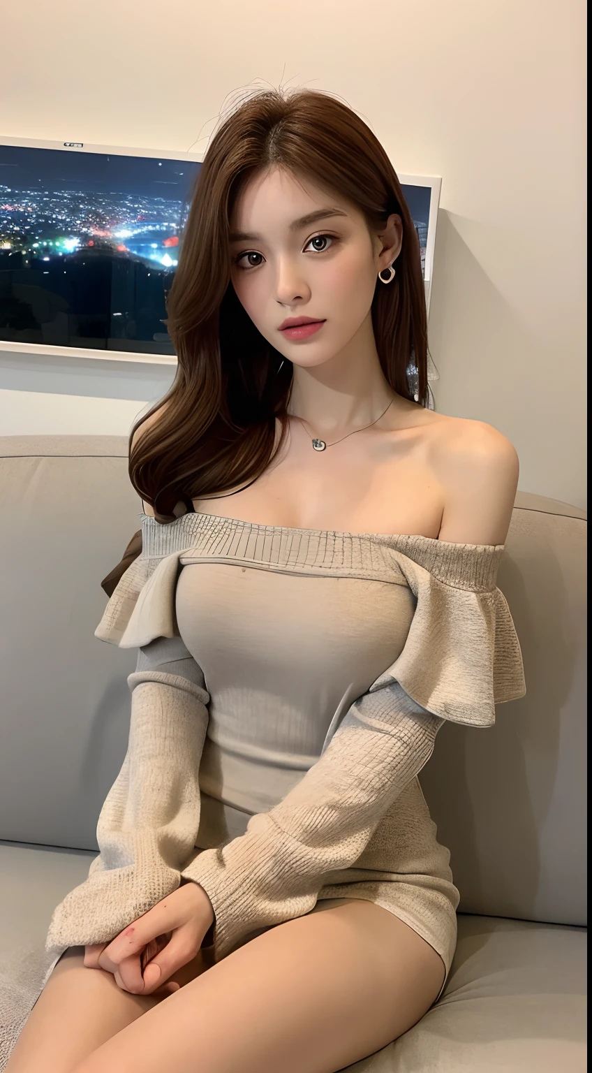 ((Night view, realistic light, best quality, 8k, masterpiece: 1.3)), 1girl, pretty woman with slim figure: 1.4, (brown hair, medium breasts: 1.3), off-the-shoulder cut top: 1.3, sofa, super detailed face, detailed eyes, double eyelids
