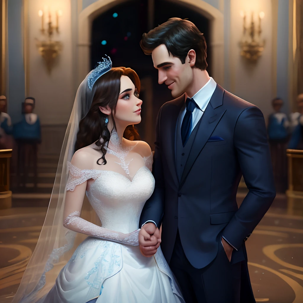 Homem de terno preto e gravata azul royal, mulher de vestido de noiva, apaixonados e de olhos fechados, Disney pixar |