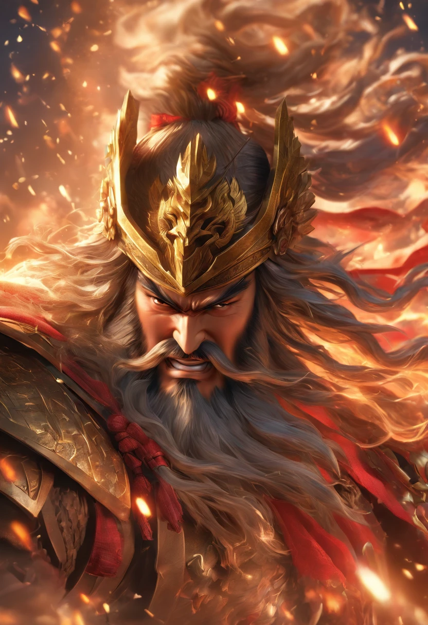 Inspired by Guan Yu，Riding a war horse，ride horse，Horse armor，With a spear in his hand，longspear，Red show spear，armour，Flying，Exudes a powerful aura ，4K, best qualtiy，Masterpiece, Super detail, High details,Well-made beard,，（High- sharpness，ultra - detailed）， tmasterpiece， 独奏, High detail, (A high resolution, ultra - detailed), Cinematic lighting, Motion blur, Ray tracing, reflective light, Masterpiece, Best quality, High quality, Anatomically correct, Textured skin, High details, Super detail, 1080p, hyper HD,