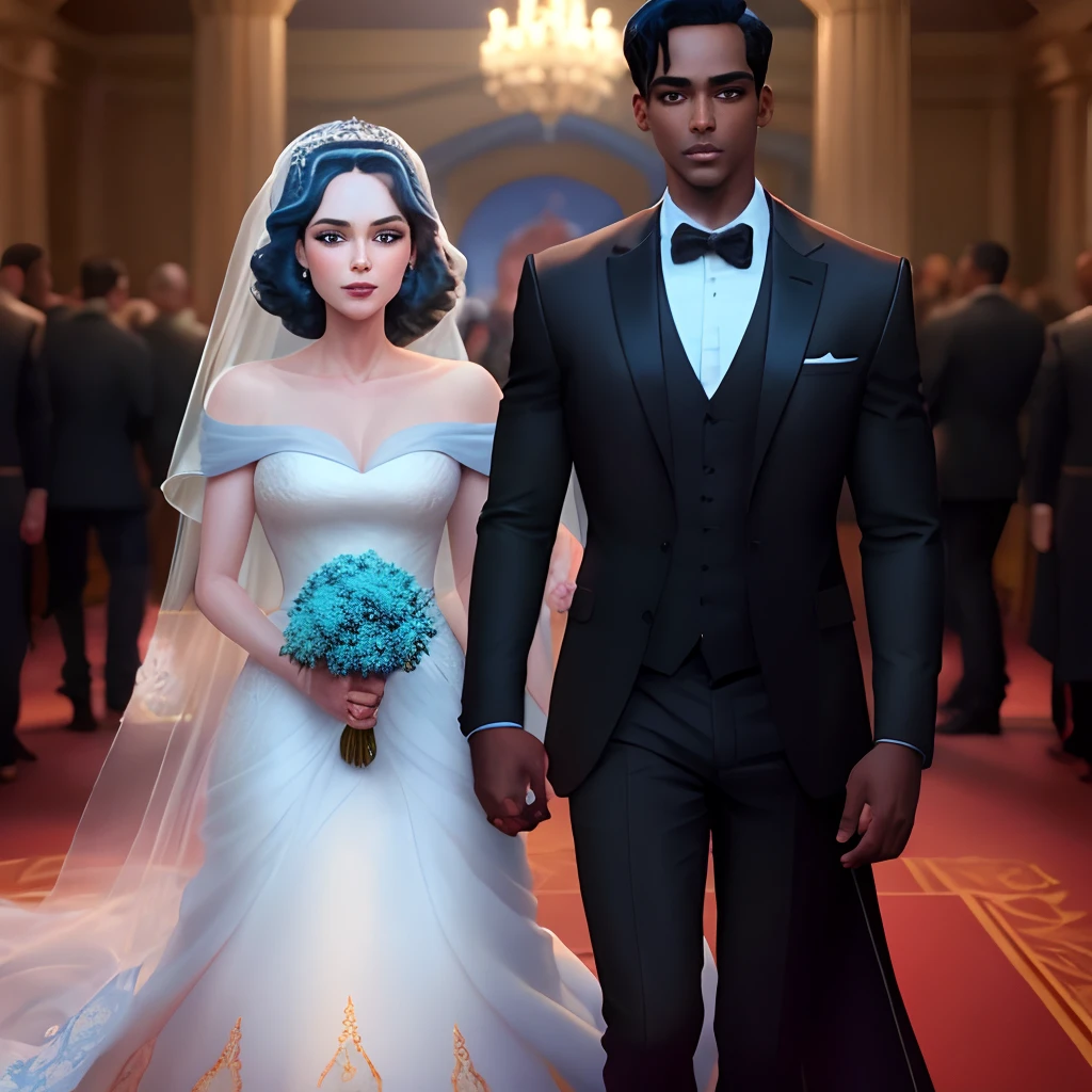 Homem de terno preto e gravata azul royal, mulher de vestido de noiva, apaixonados e de olhos fechados, Disney pixar |