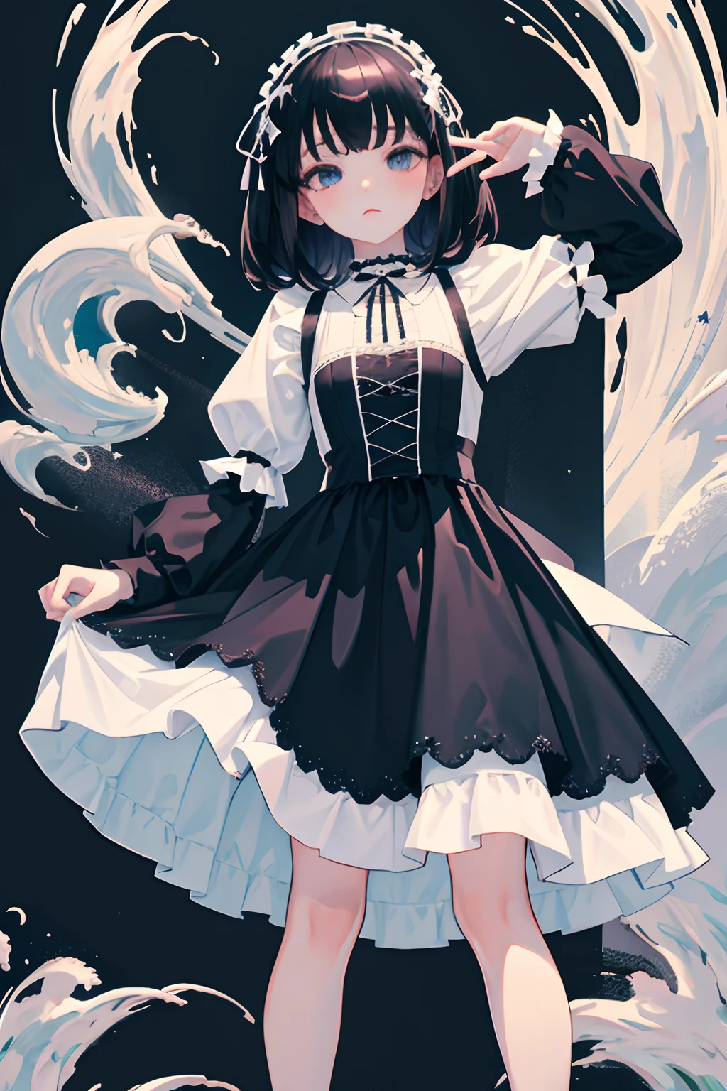 Standing，Knees，Curtsey，lift up one's skirt，child，（​masterpiece，Highest Quality），(shortsleeves，White Gothic Lolita)，Sleepy face，A dark-haired，waterface