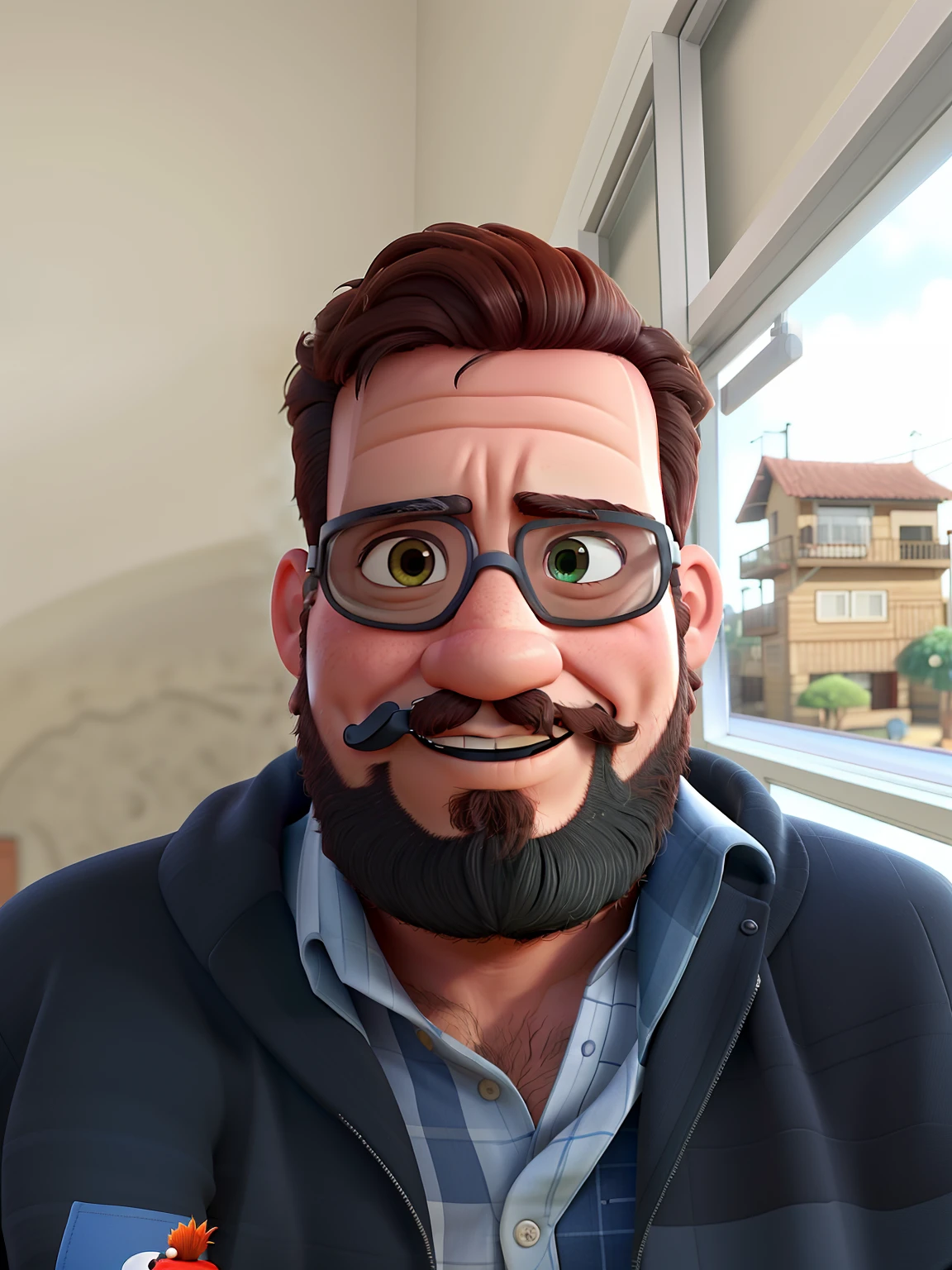 homem moreno 50 anos barba curta grisalha, cabelos grisalhos, Sobrancelhas Grossas, wearing goggles, Pixar Style Poster